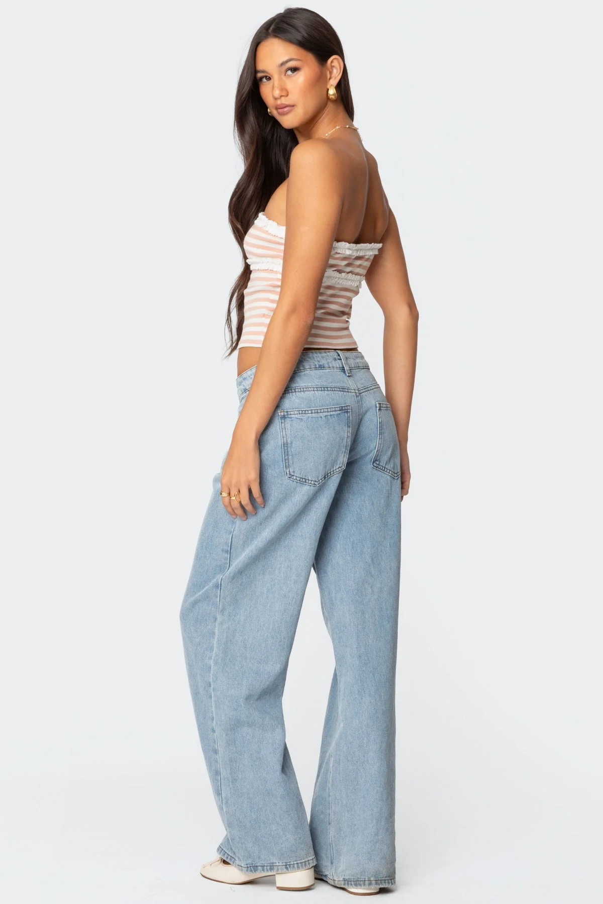 Pink Striped Eyelet Tube Top with Ribbon Detail