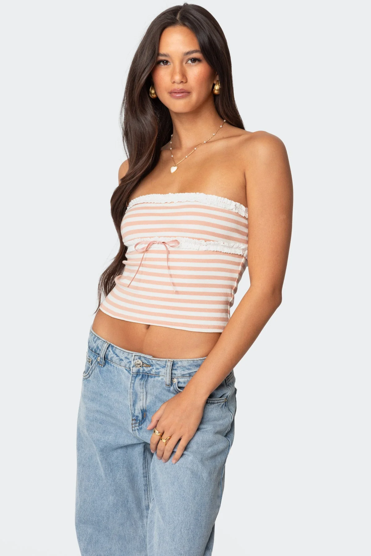 Pink Striped Eyelet Tube Top with Ribbon Detail