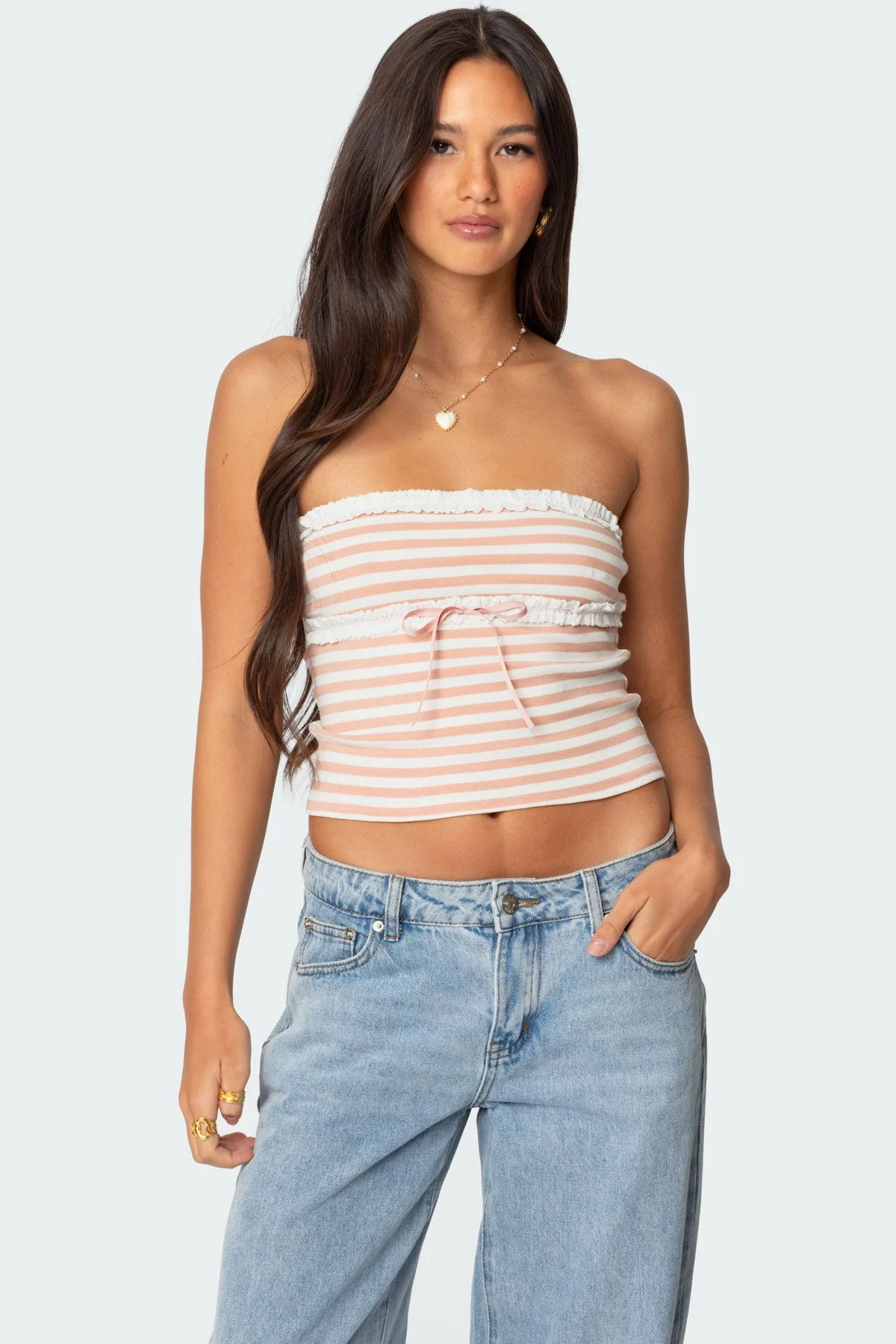 Pink Striped Eyelet Tube Top with Ribbon Detail