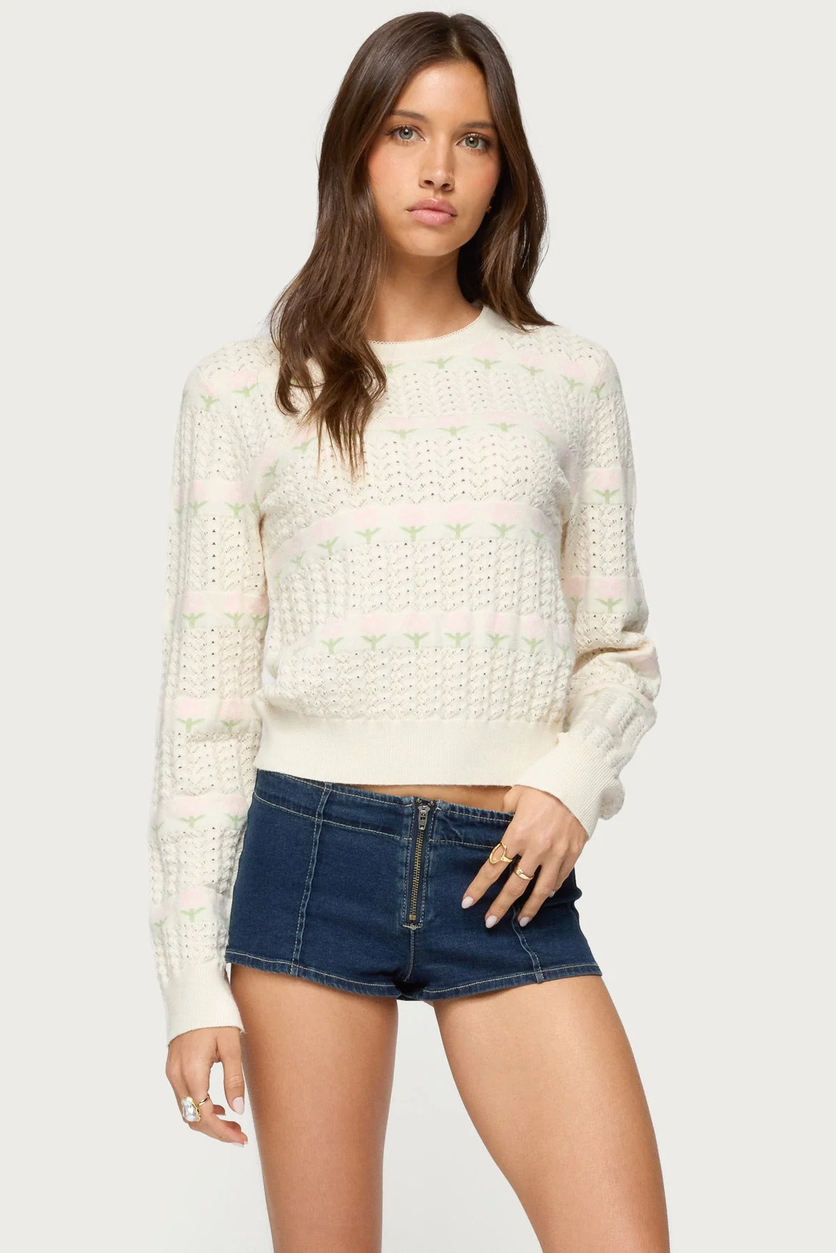 Cream Textured Knit Sweater Women Long Sleeve Style