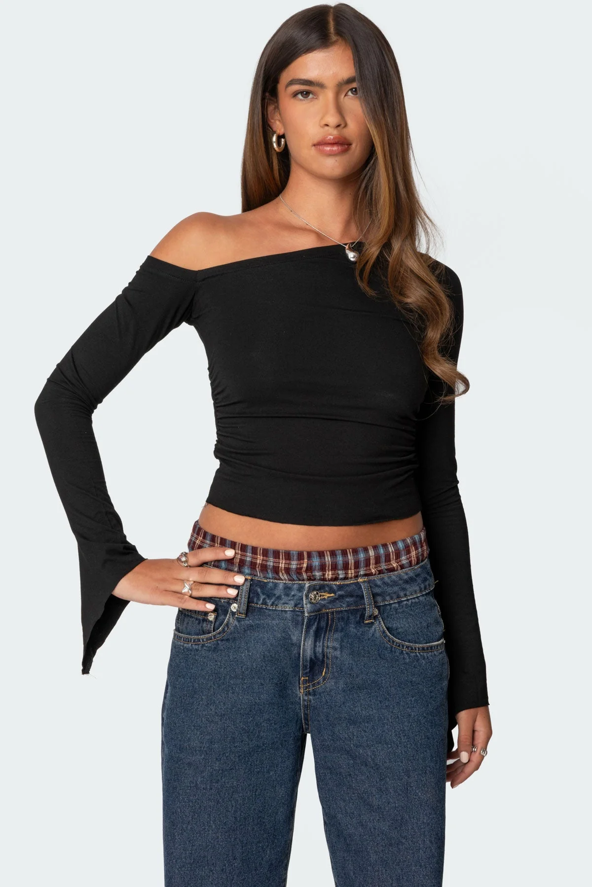Flared Asymmetric Black Long Sleeve Top