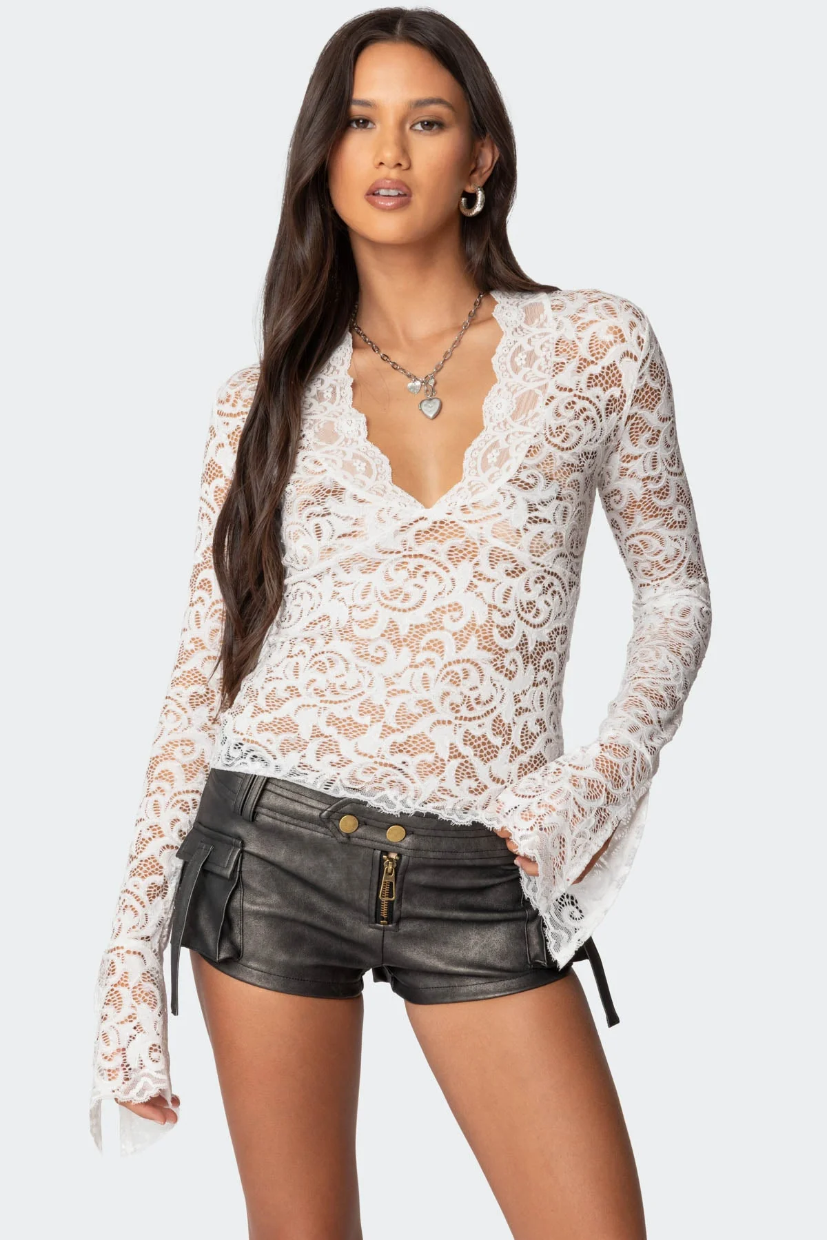 White Sheer Lace Bell Sleeve Top