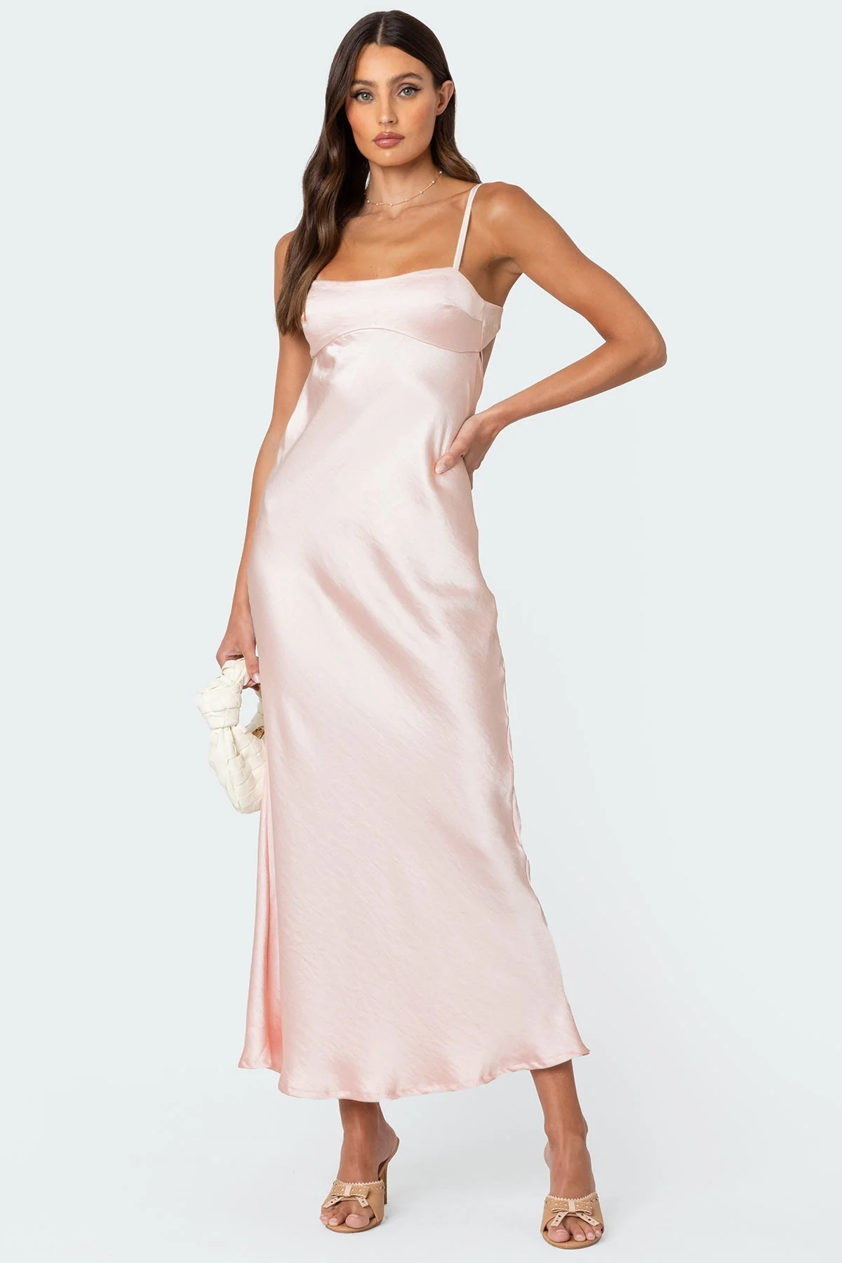 Light Pink Satin Maxi Dress with Open Back