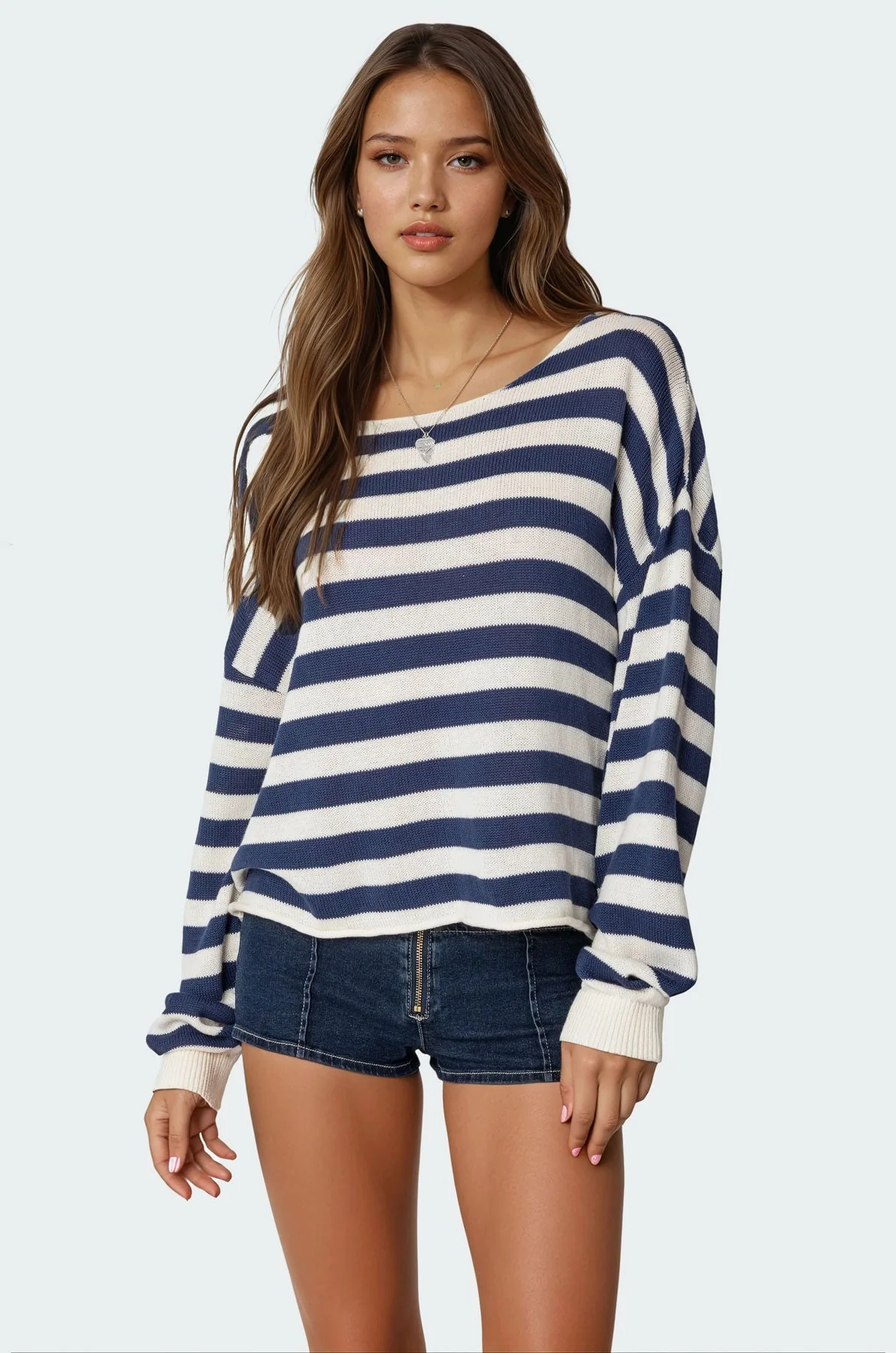 Striped Knit Oversized Sweater Blue & Cream