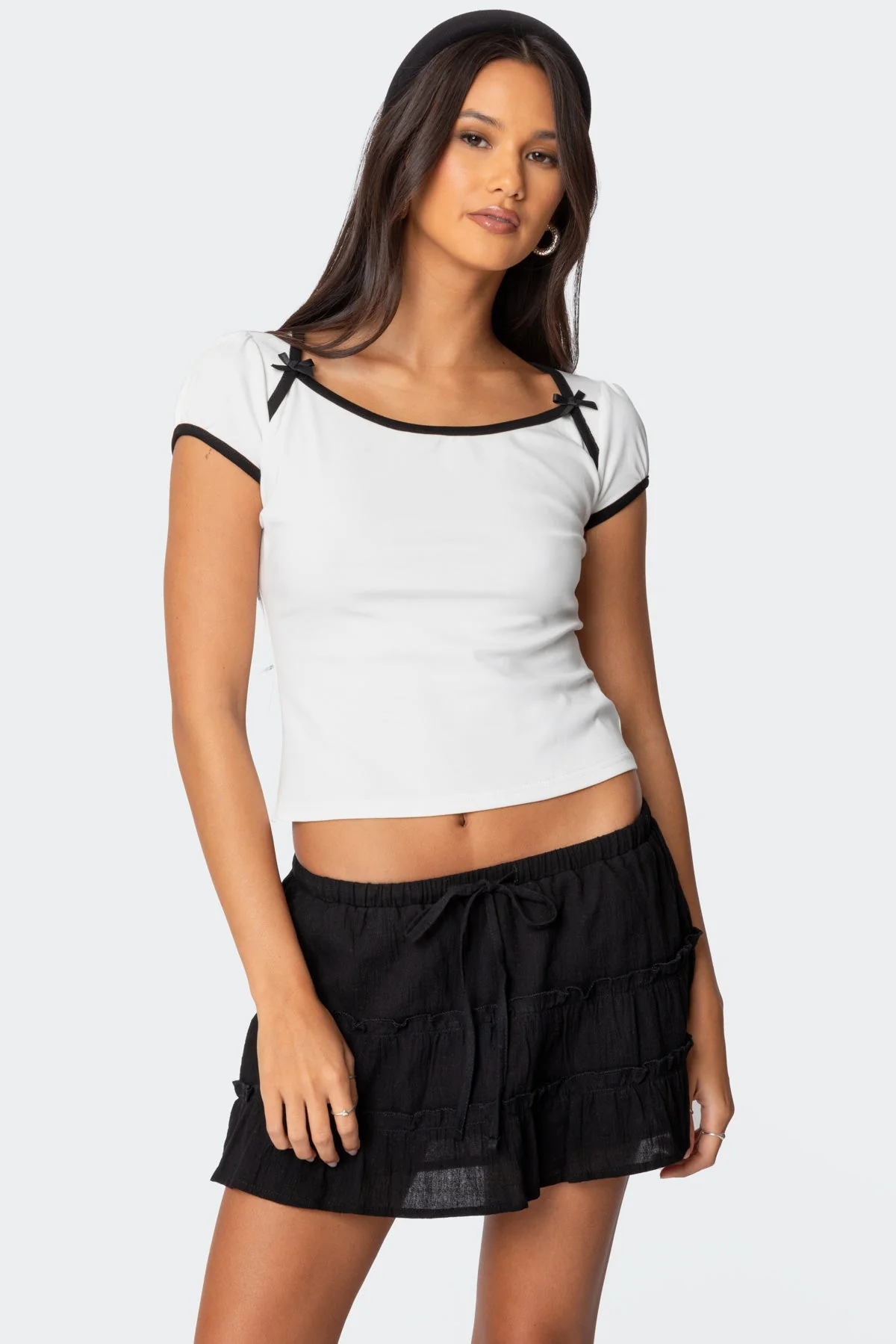 White Contrast Bow Cotton Top