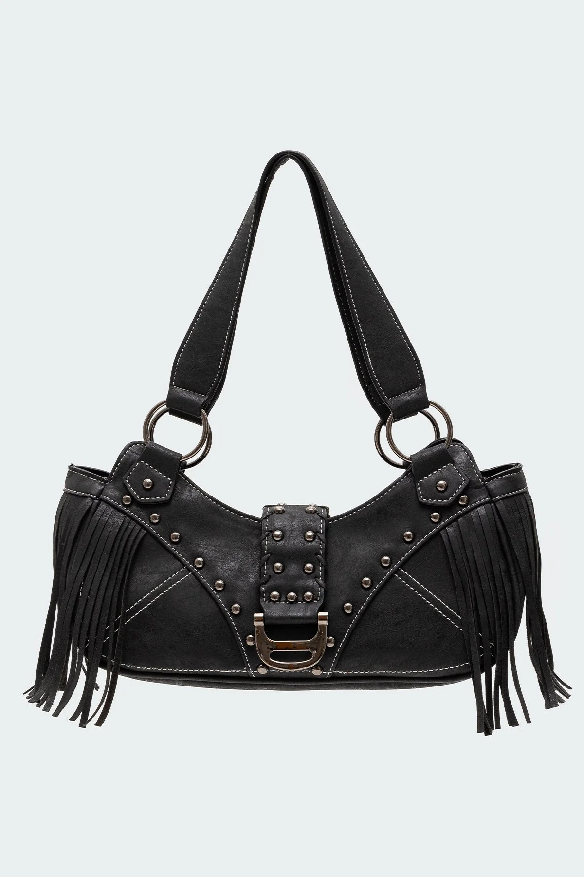 Fringed Faux Leather Sueded Bag in Black