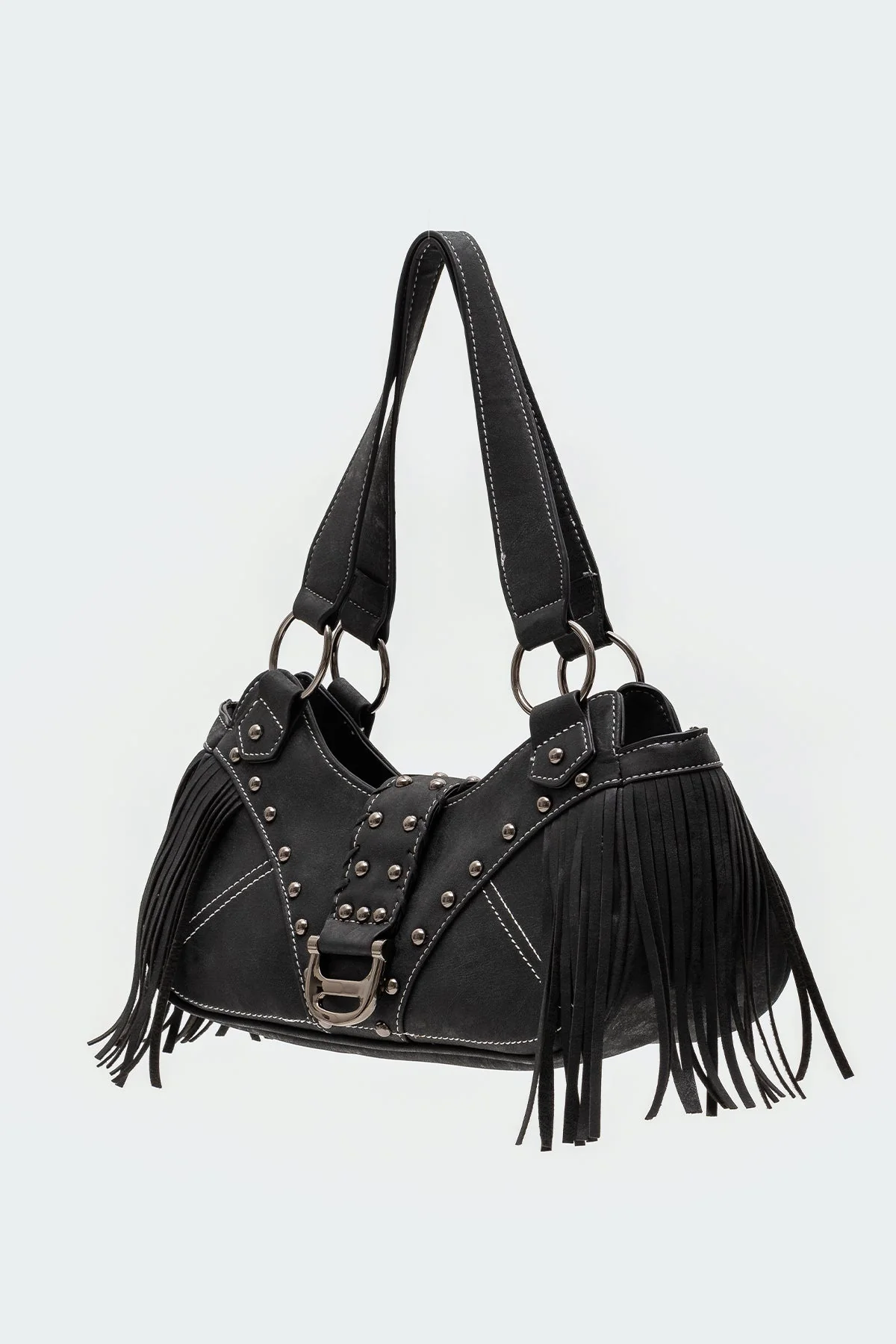 Fringed Faux Leather Sueded Bag in Black