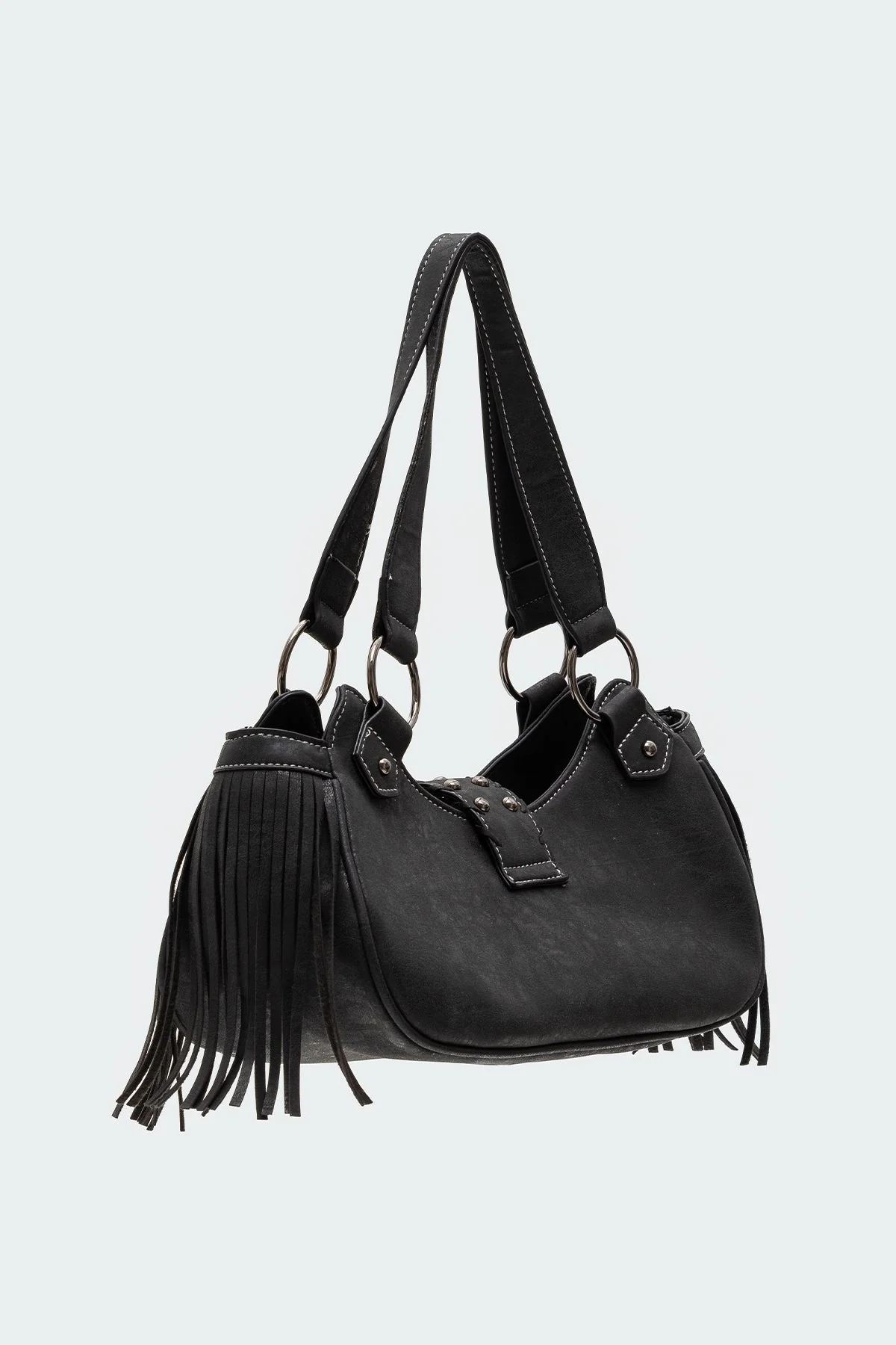 Fringed Faux Leather Sueded Bag in Black