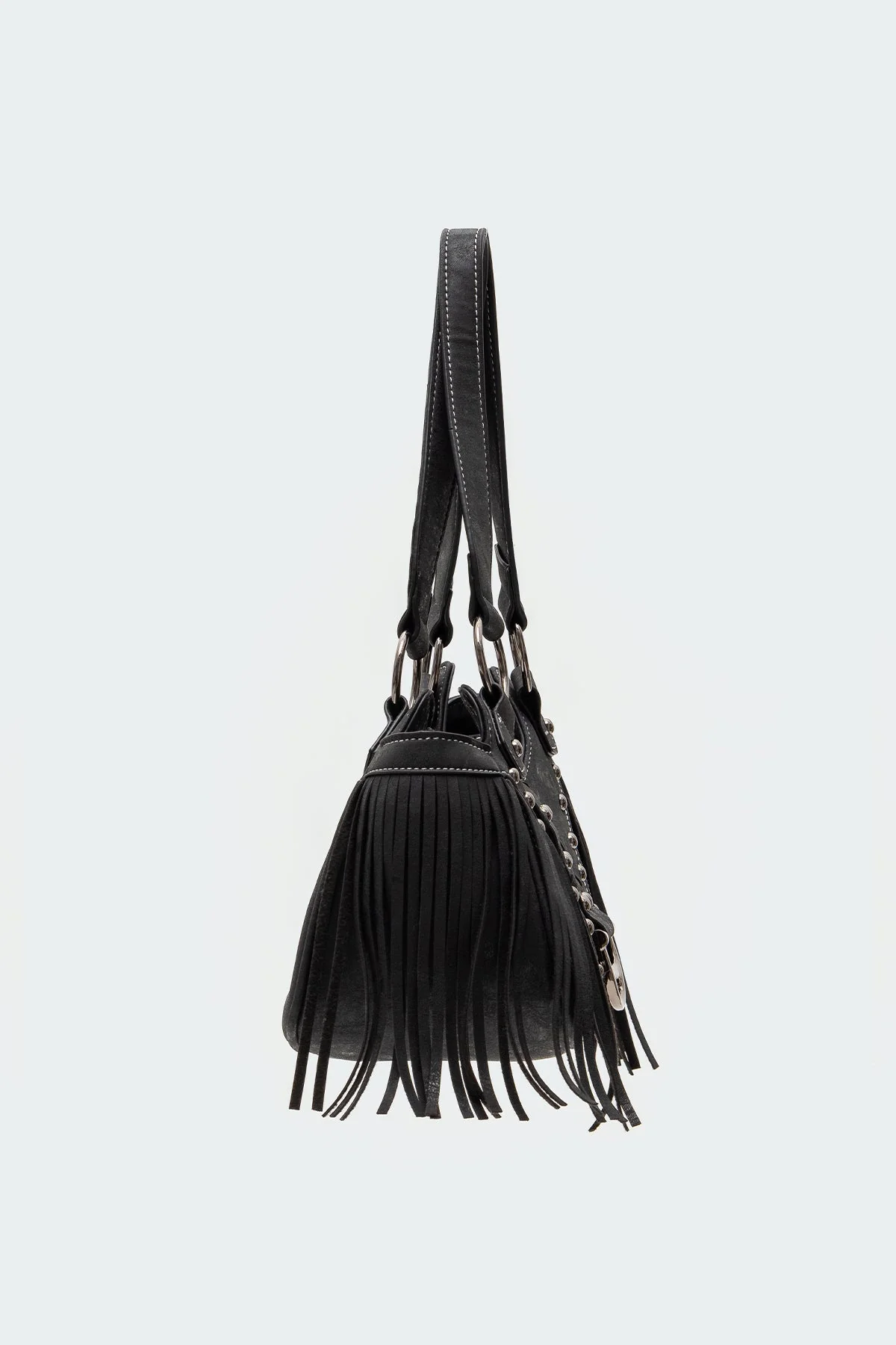 Fringed Faux Leather Sueded Bag in Black