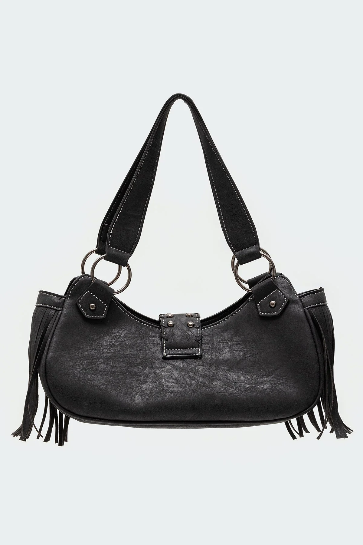 Fringed Faux Leather Sueded Bag in Black