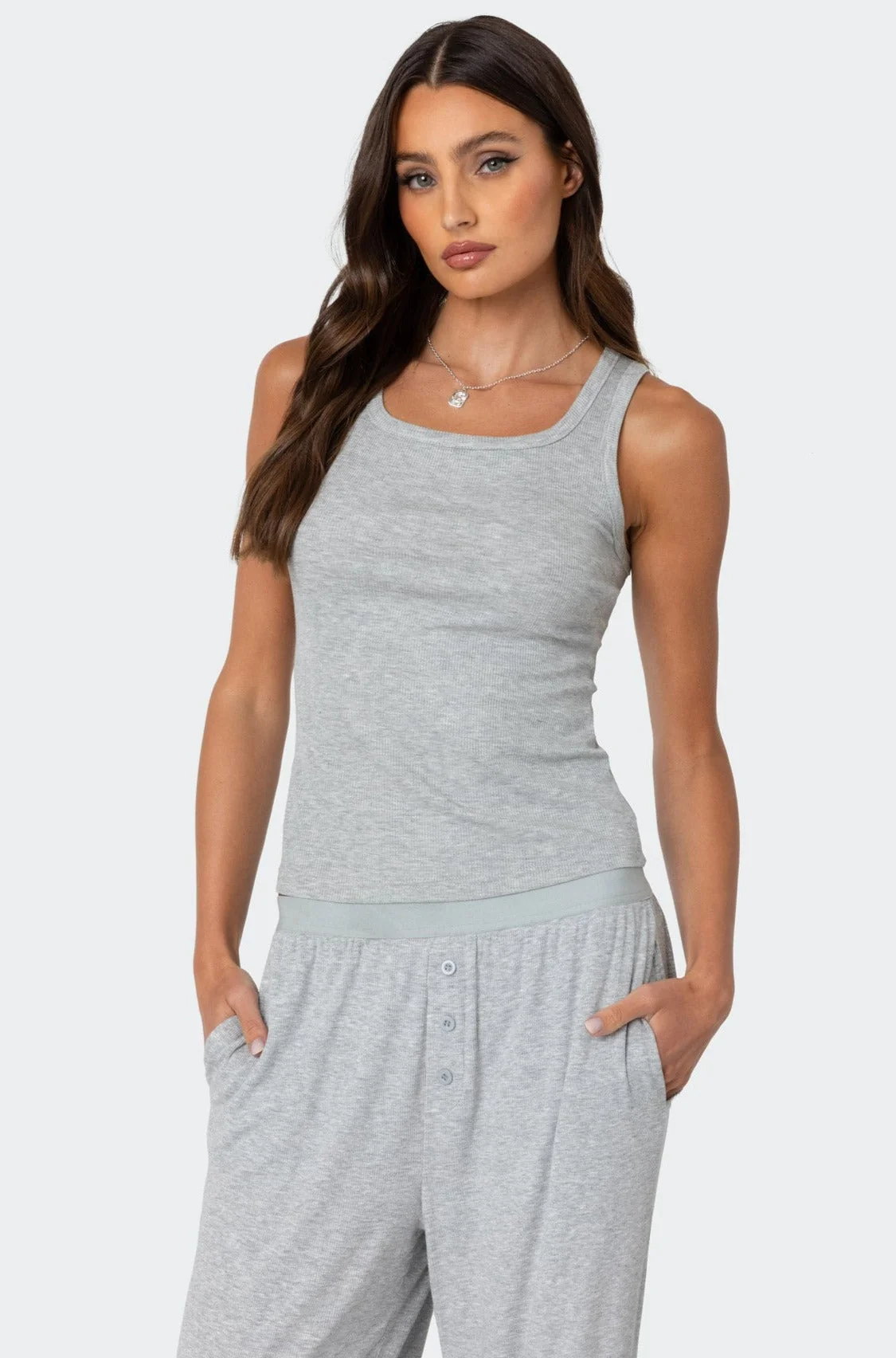 Ribbed Gray Melange Tank Top for Women