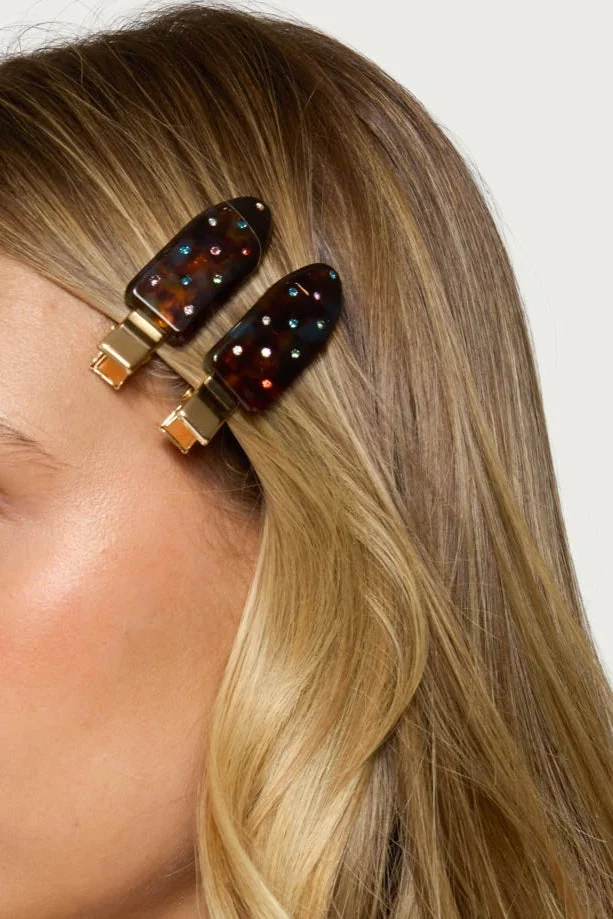 Tortoise Rhinestone Hair Clip Set