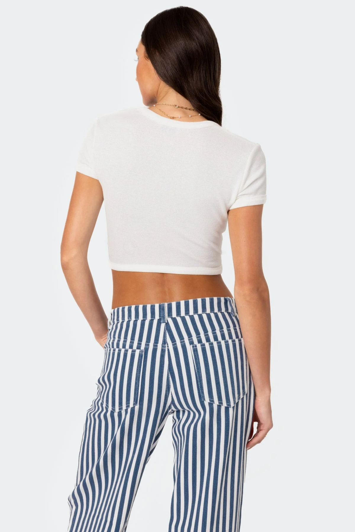 White Crisscross Waffle Crop Top Womens Fashion