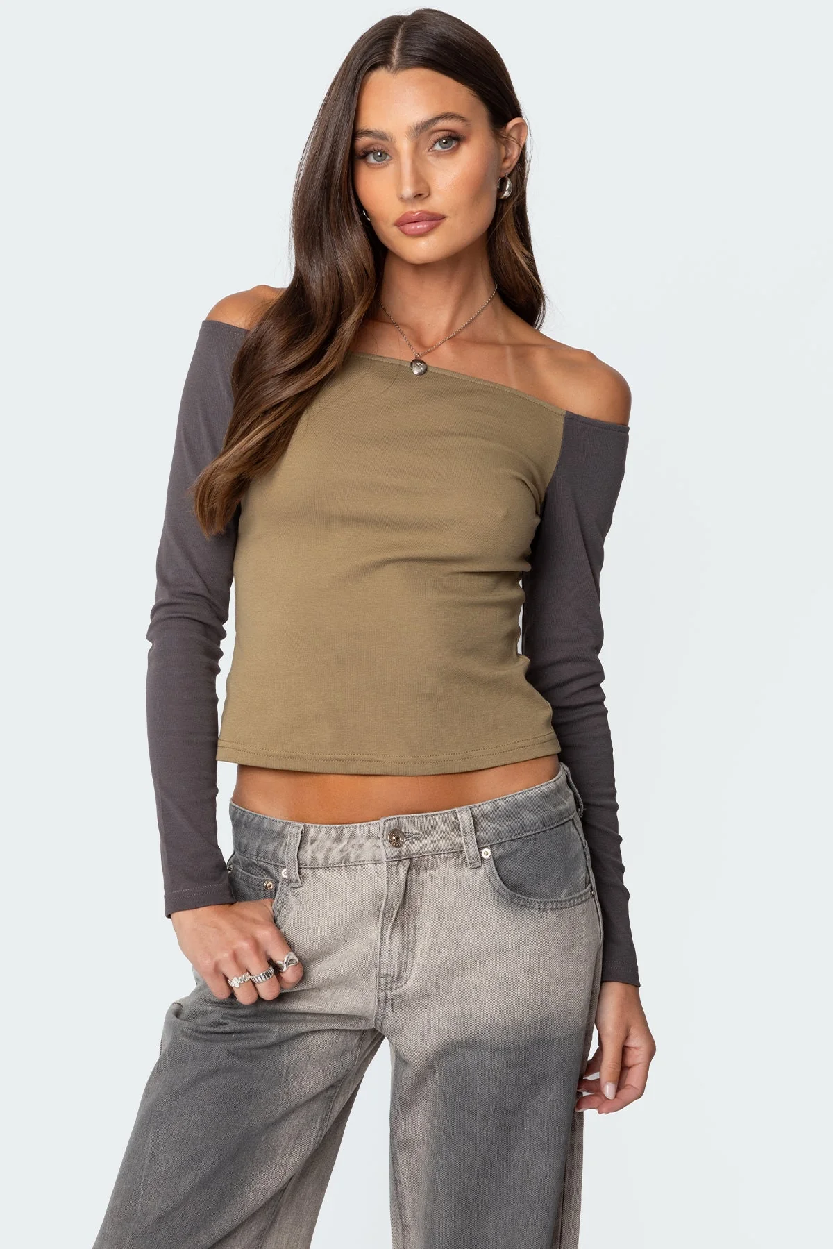 Olive Off Shoulder Contrast Top - Stylish Long Sleeve Design
