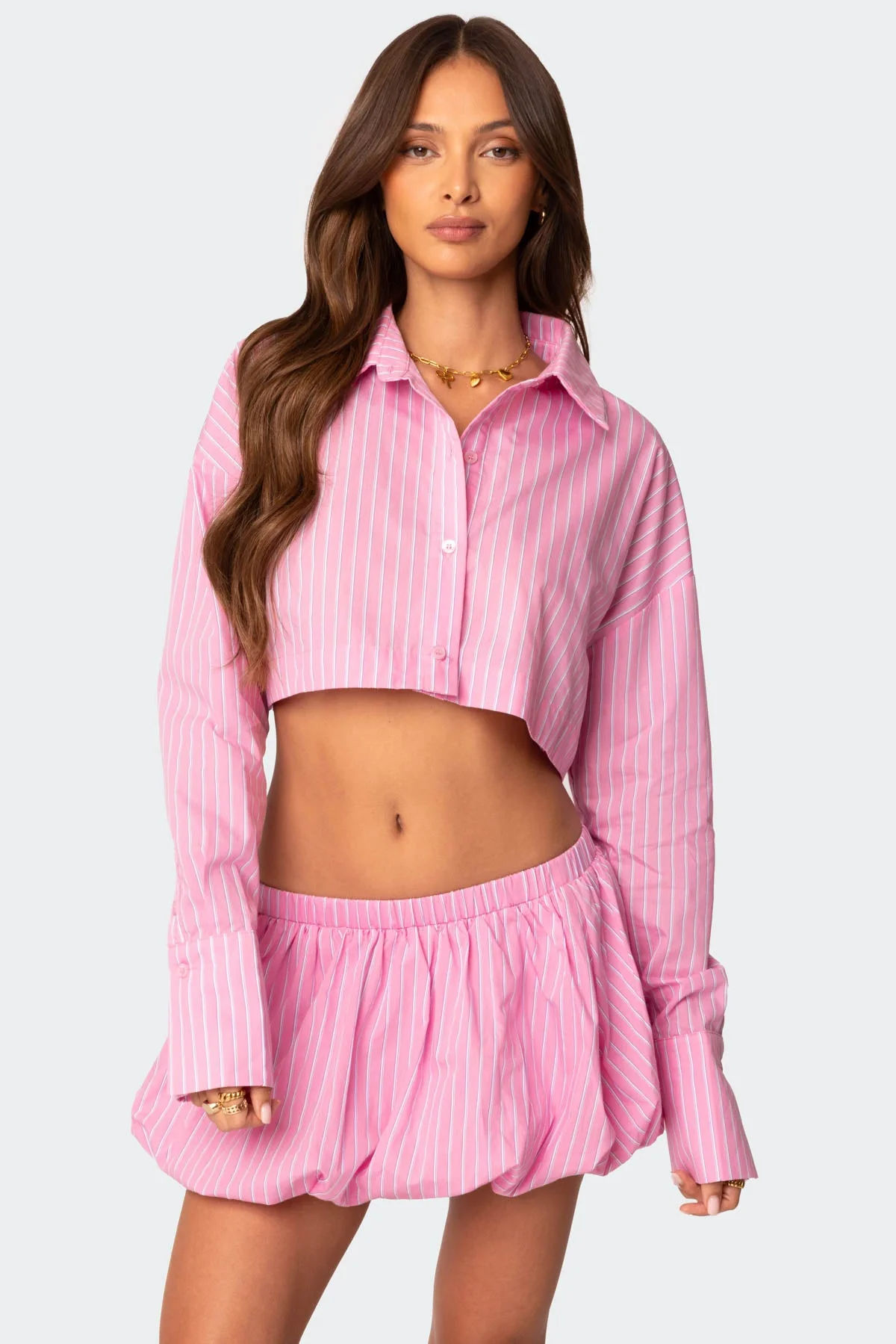 Pinstripe Cropped Pink Shirt Womens Button-Up