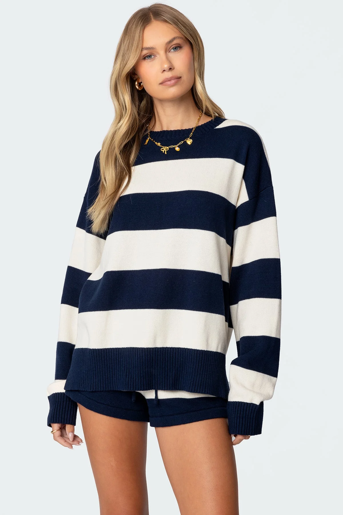 Oversized Knitted Striped Sweater in Navy and Cream