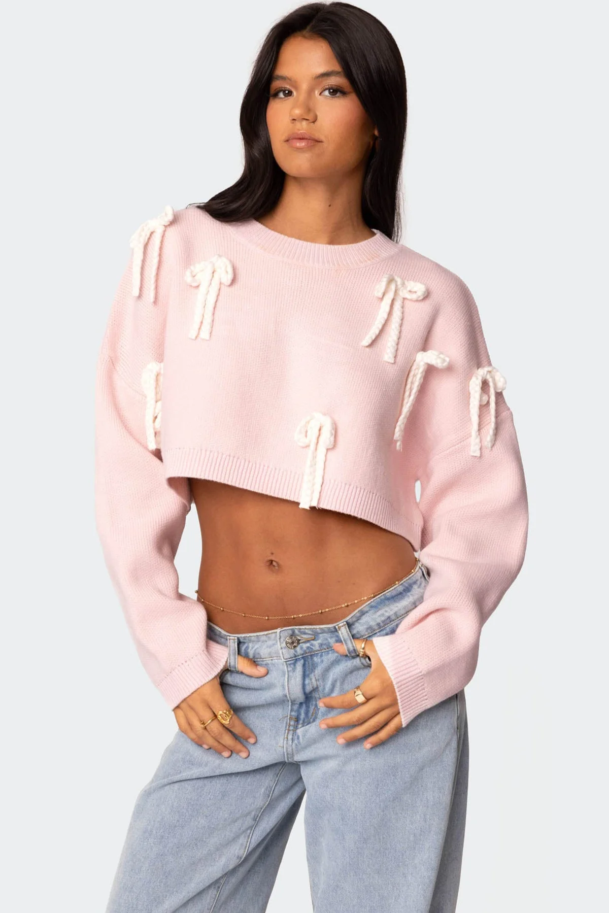 Pink Knit Bow Detail Cropped Sweater