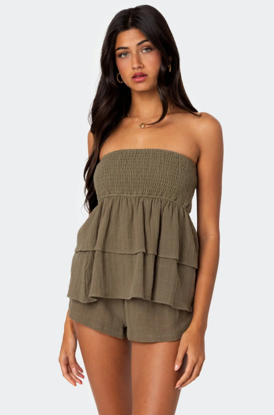 Ruffled Olive Linen Strapless Tube Top
