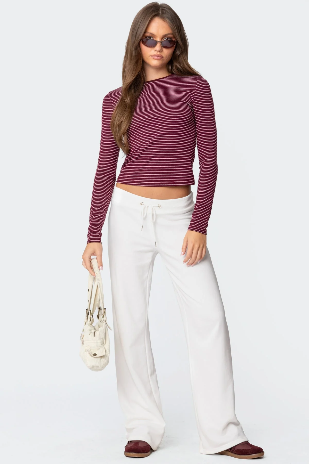 Striped Long Sleeve T-Shirt in Burgundy | Loungewear Style