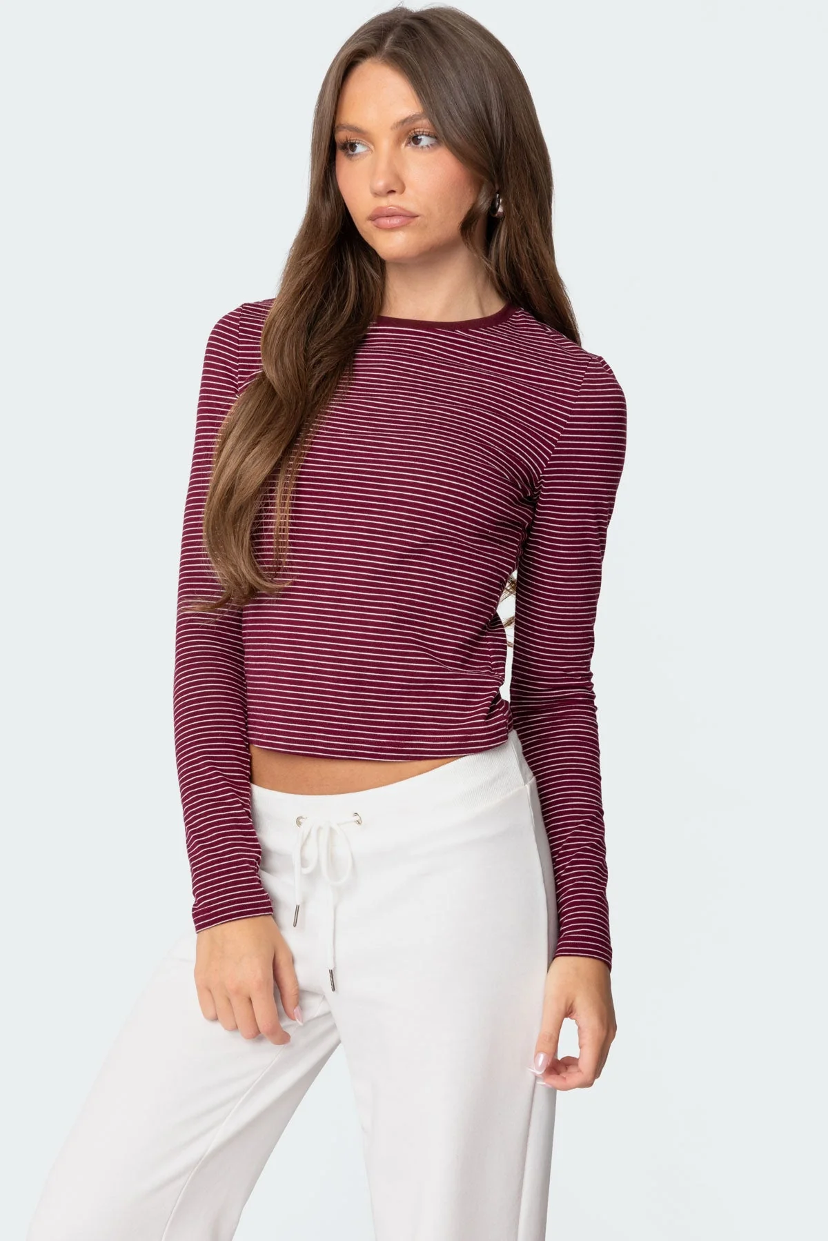 Striped Long Sleeve T-Shirt in Burgundy | Loungewear Style