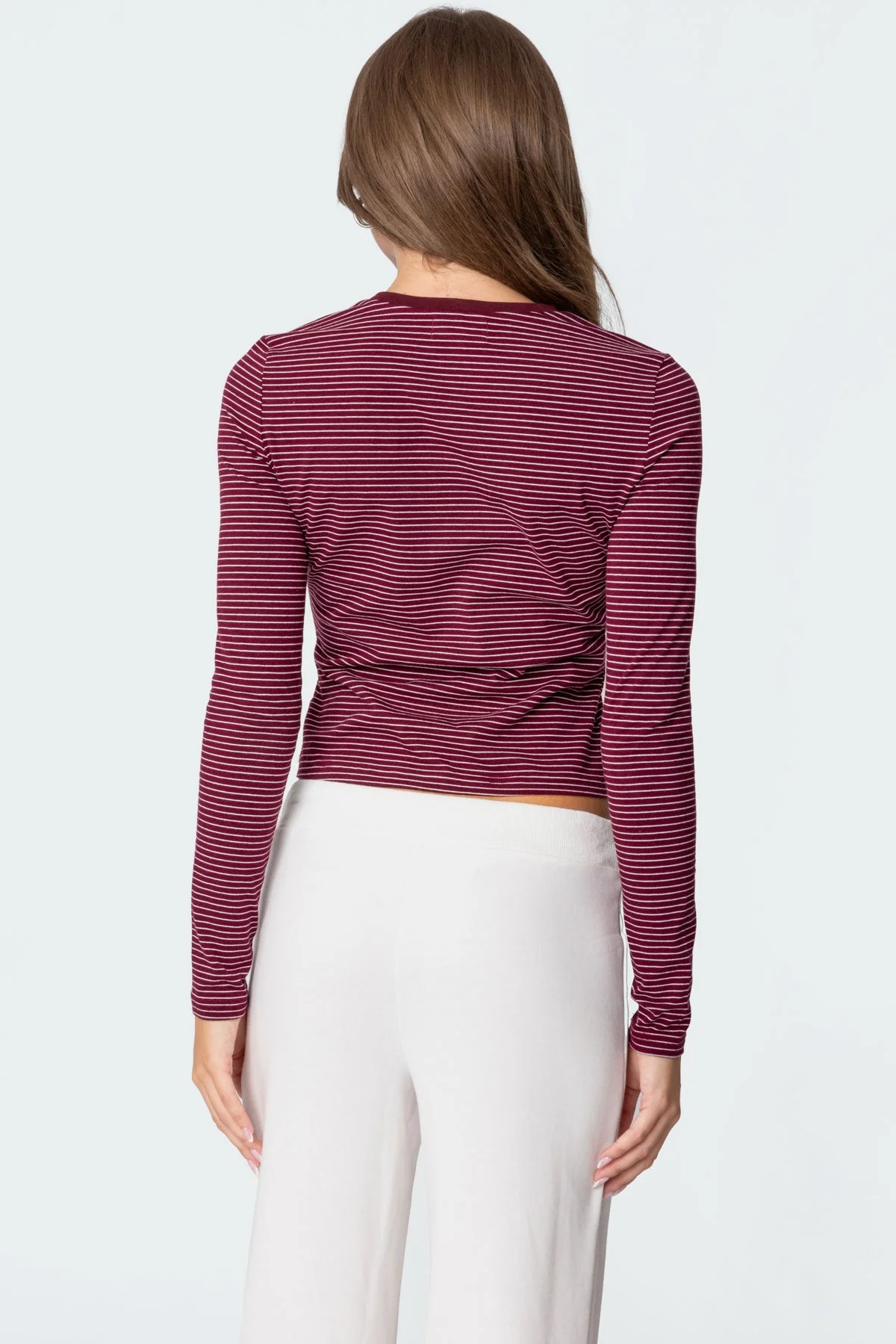 Striped Long Sleeve T-Shirt in Burgundy | Loungewear Style