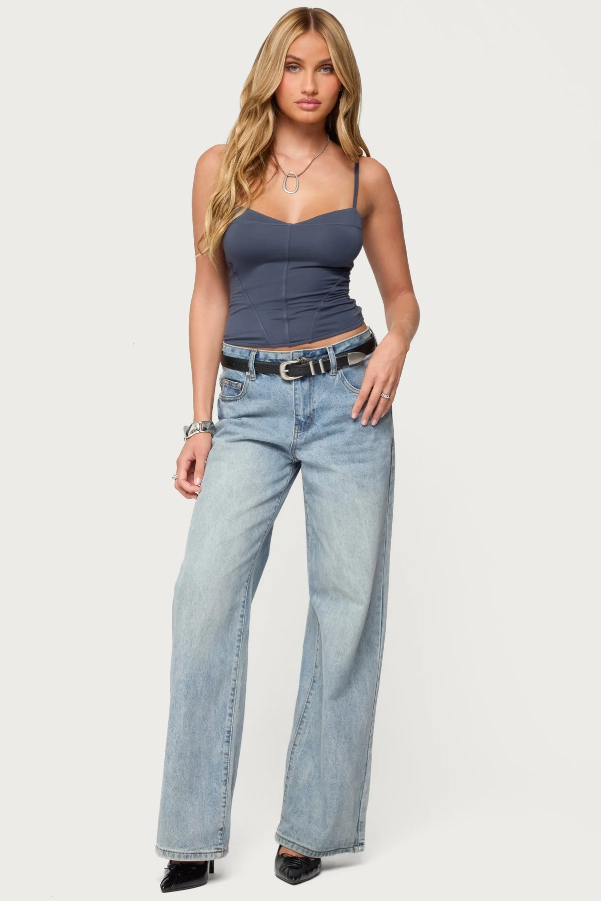 Navy Lace Up Tank Top - Adjustable Straps, V Neckline