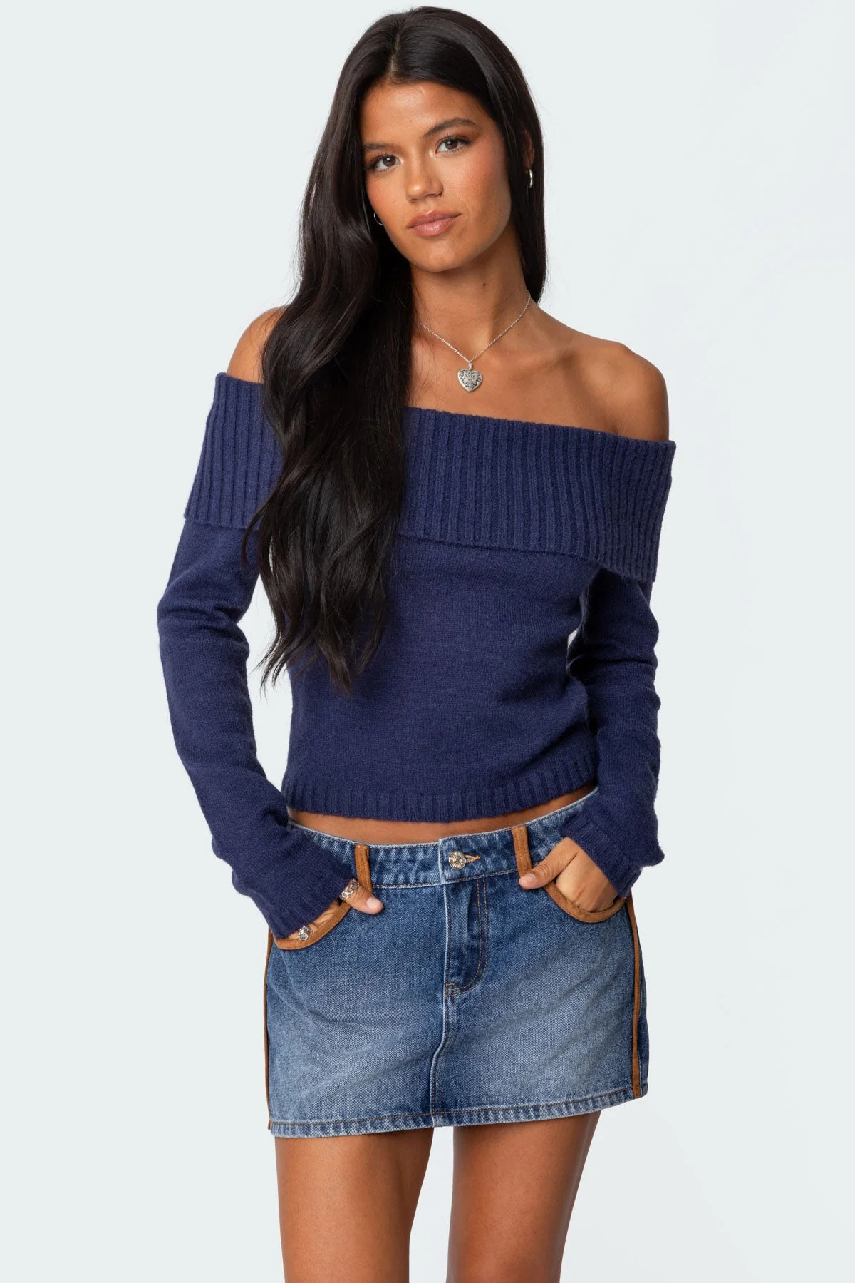Navy Fold Over Knit Sweater
