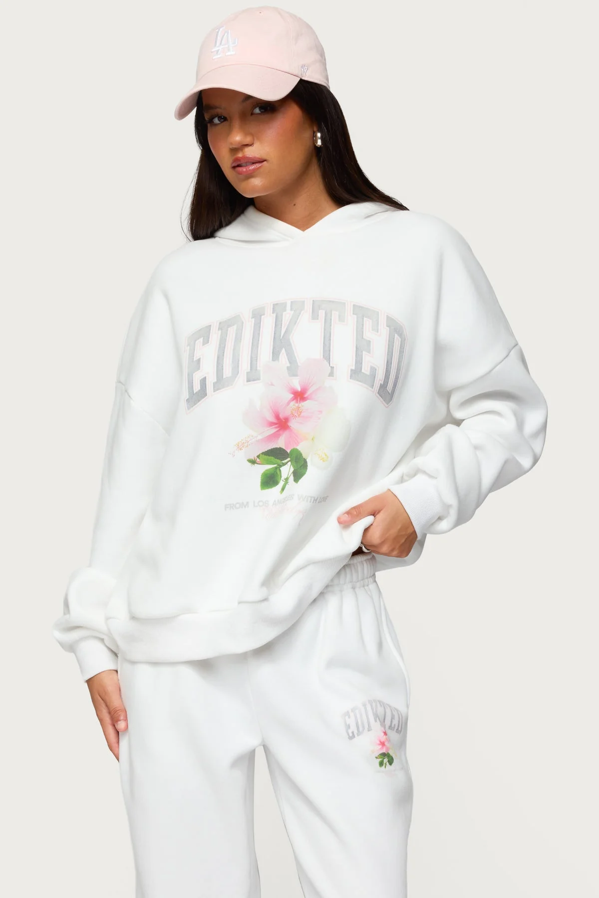 White Flower Graphic Oversized Hoodie Set