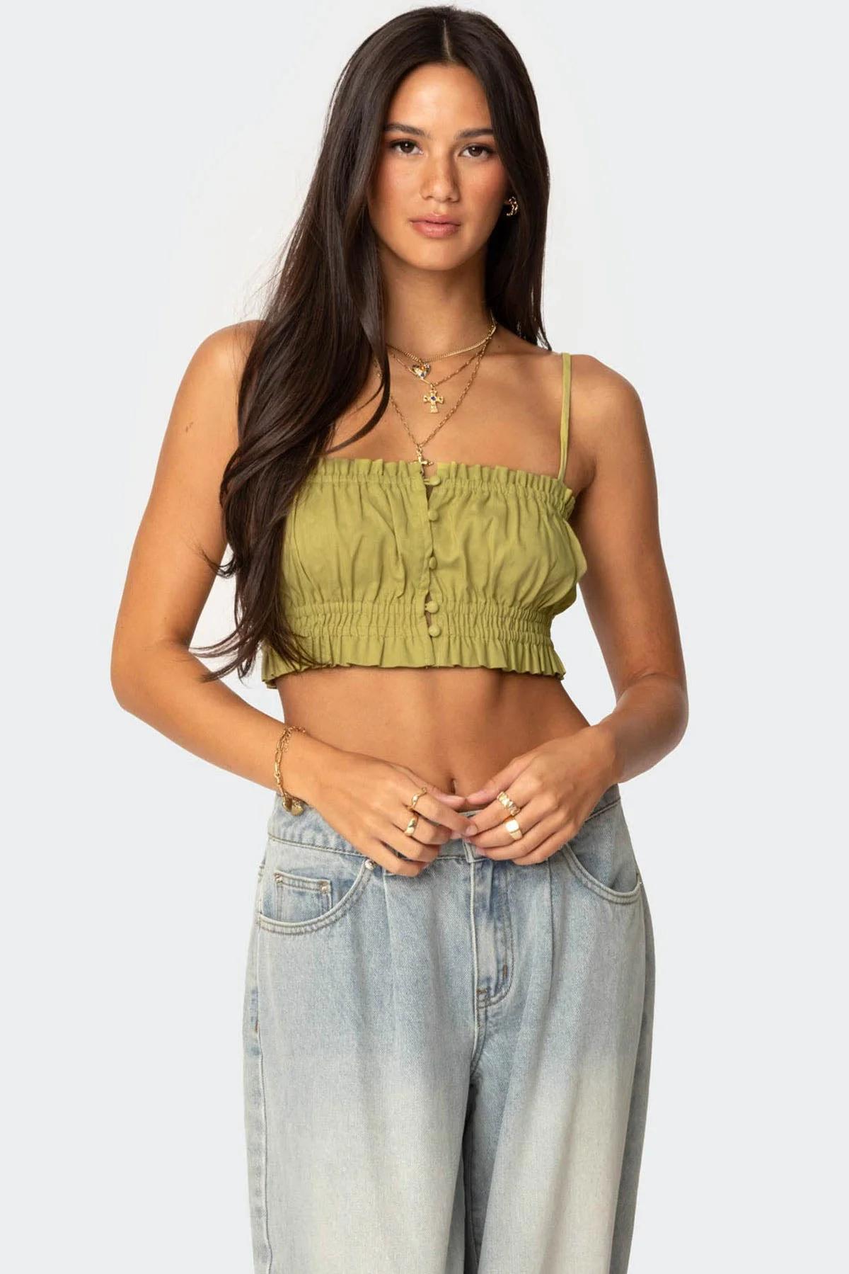 Green Adjustable Strap Cropped Linen Cotton Top