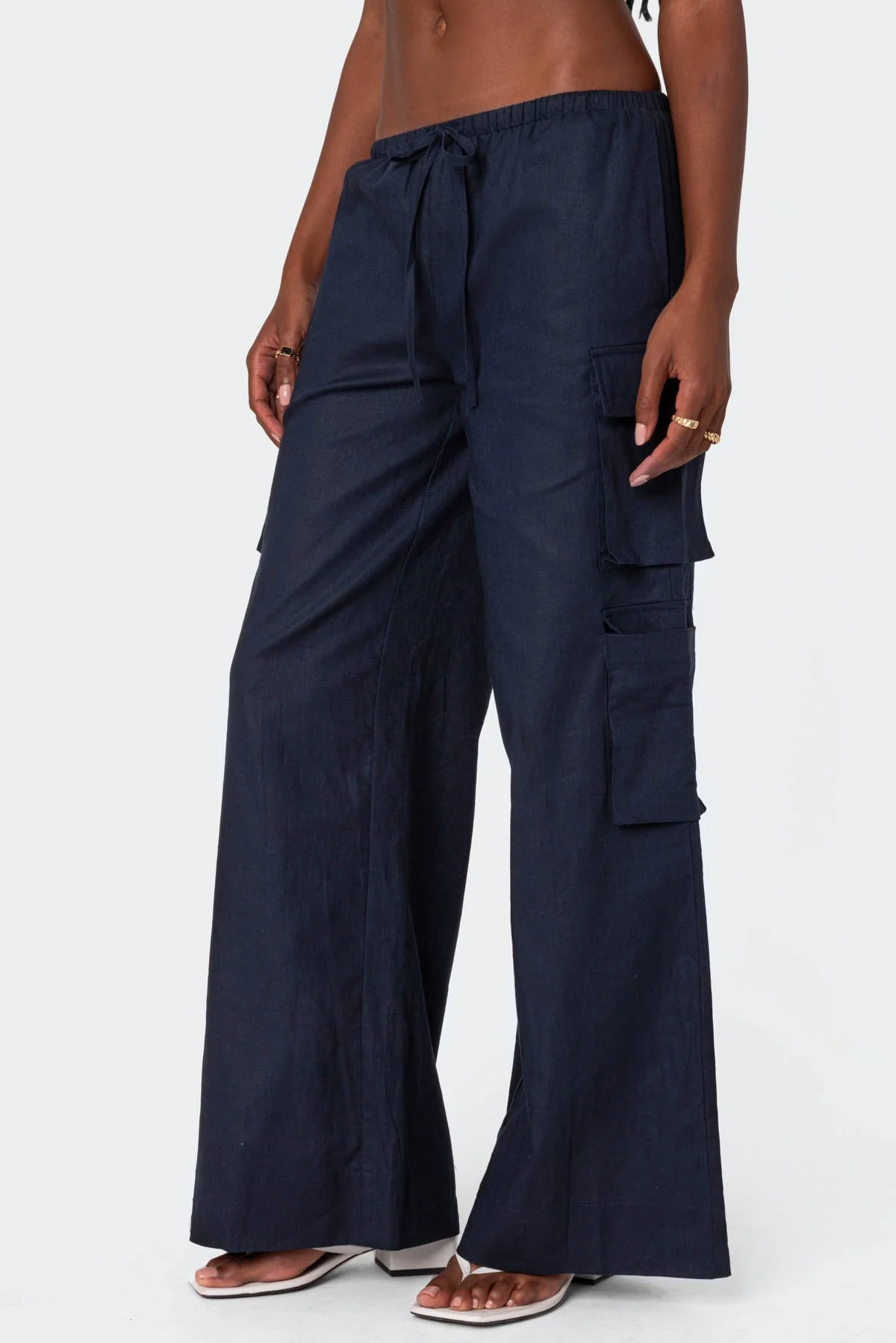 Navy Linen Cargo Style Pants for Women