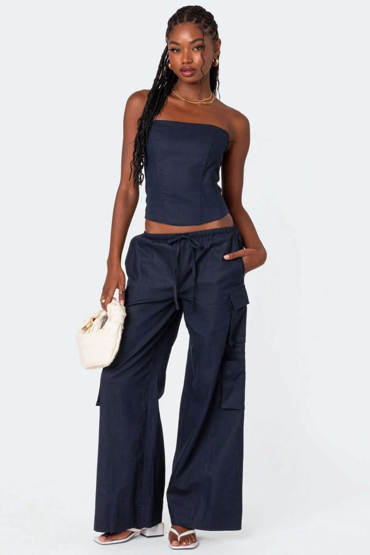 Navy Linen Cargo Style Pants for Women