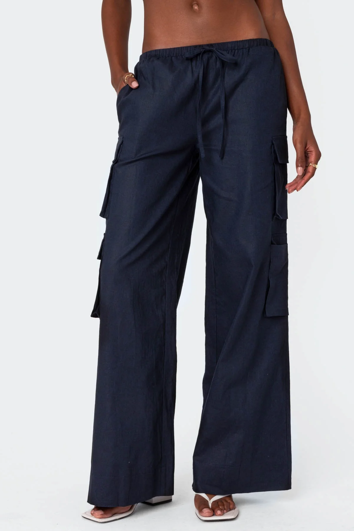 Navy Linen Cargo Style Pants for Women