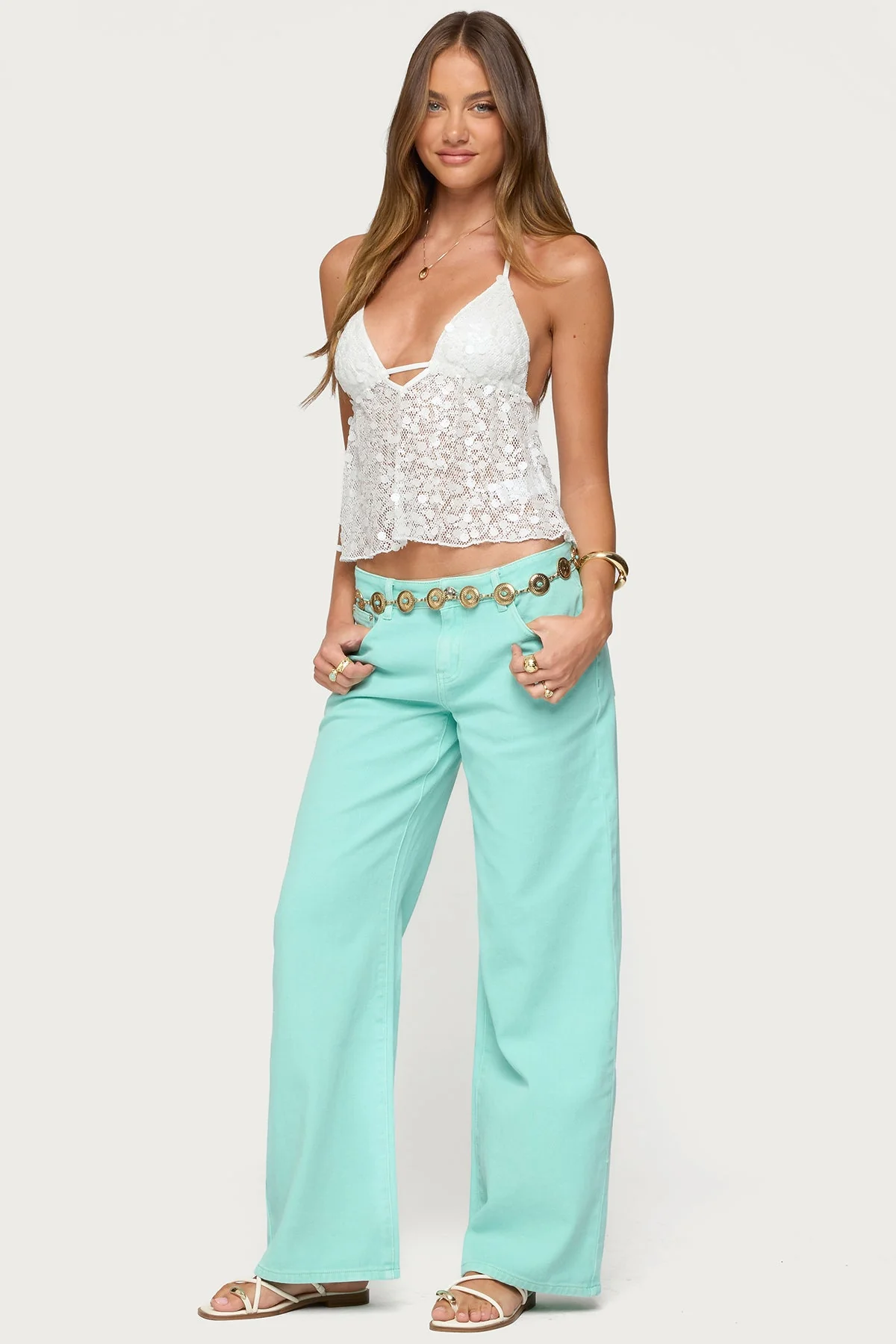 Denim Slouchy Fit Jeans in Aqua Color