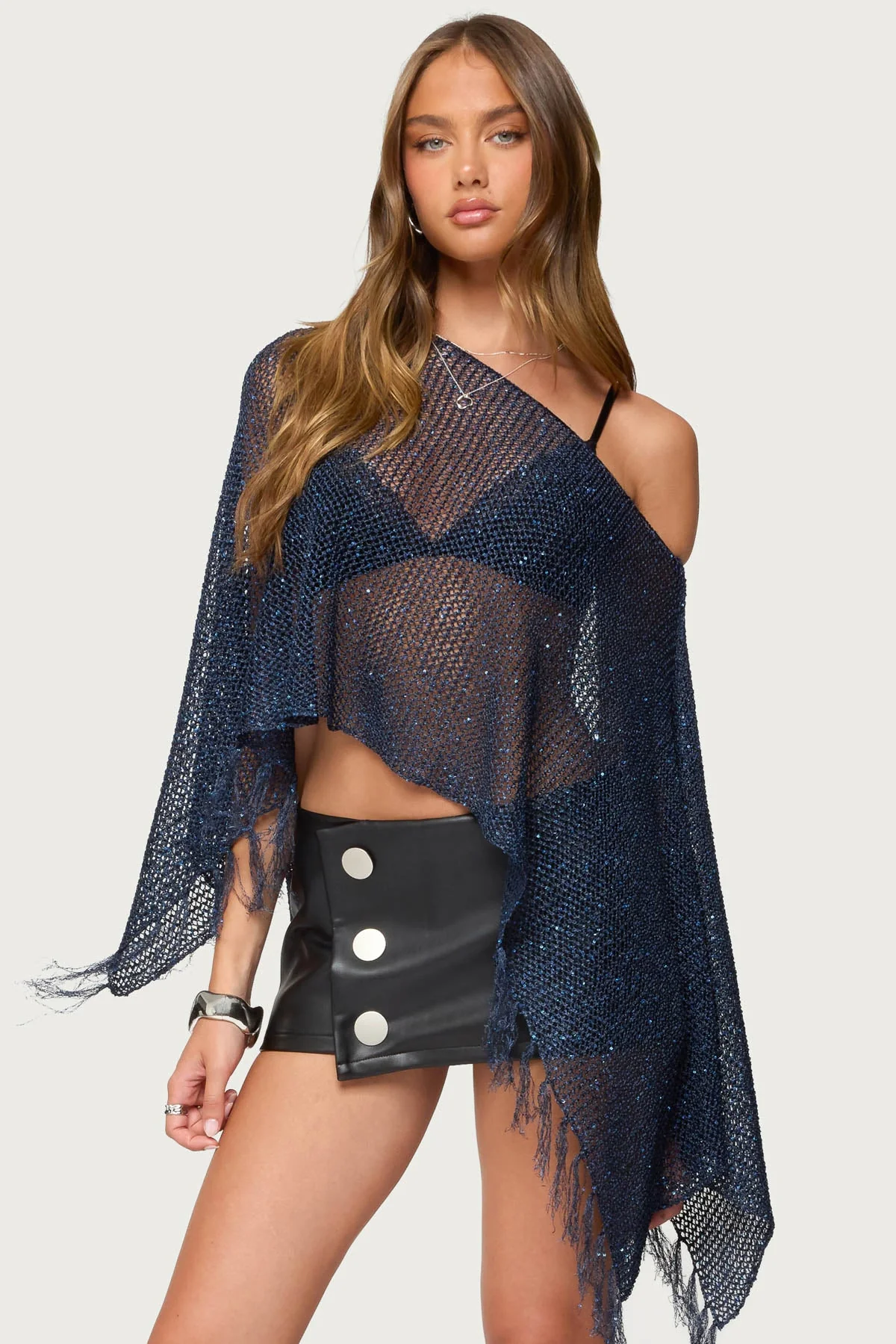 Navy Sequin Fringe Knit Poncho Top