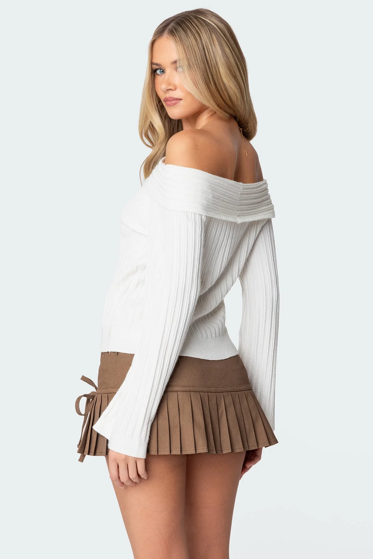 White Ribbed Fold Over Sweater