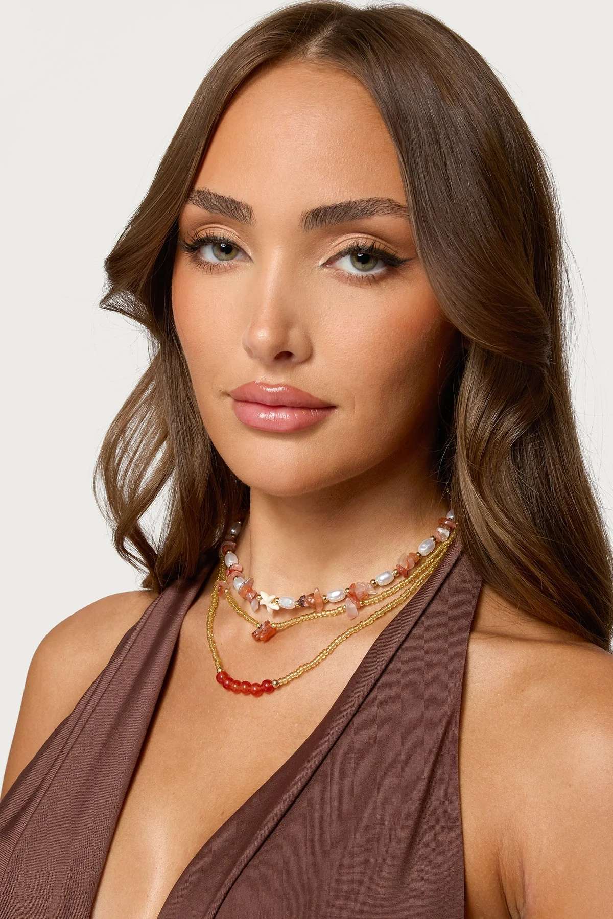 Layered Pearl and Bead Necklace in Gold Tone