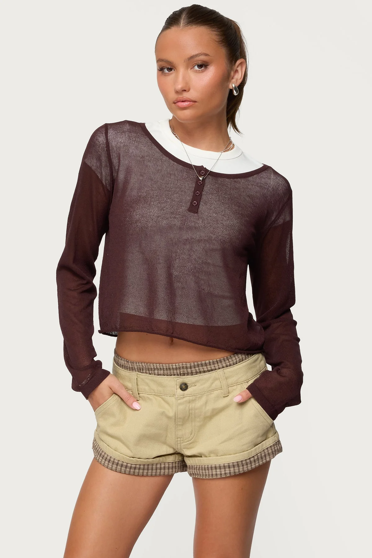 Brown Sheer Knit Henley Top for Women