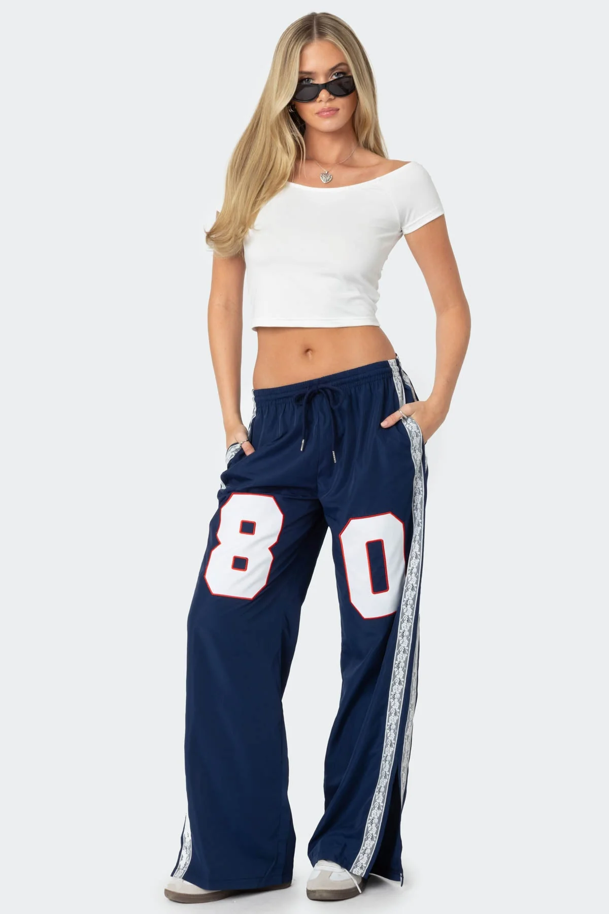 Nylon Track Pants with Lace Stripe Detailing