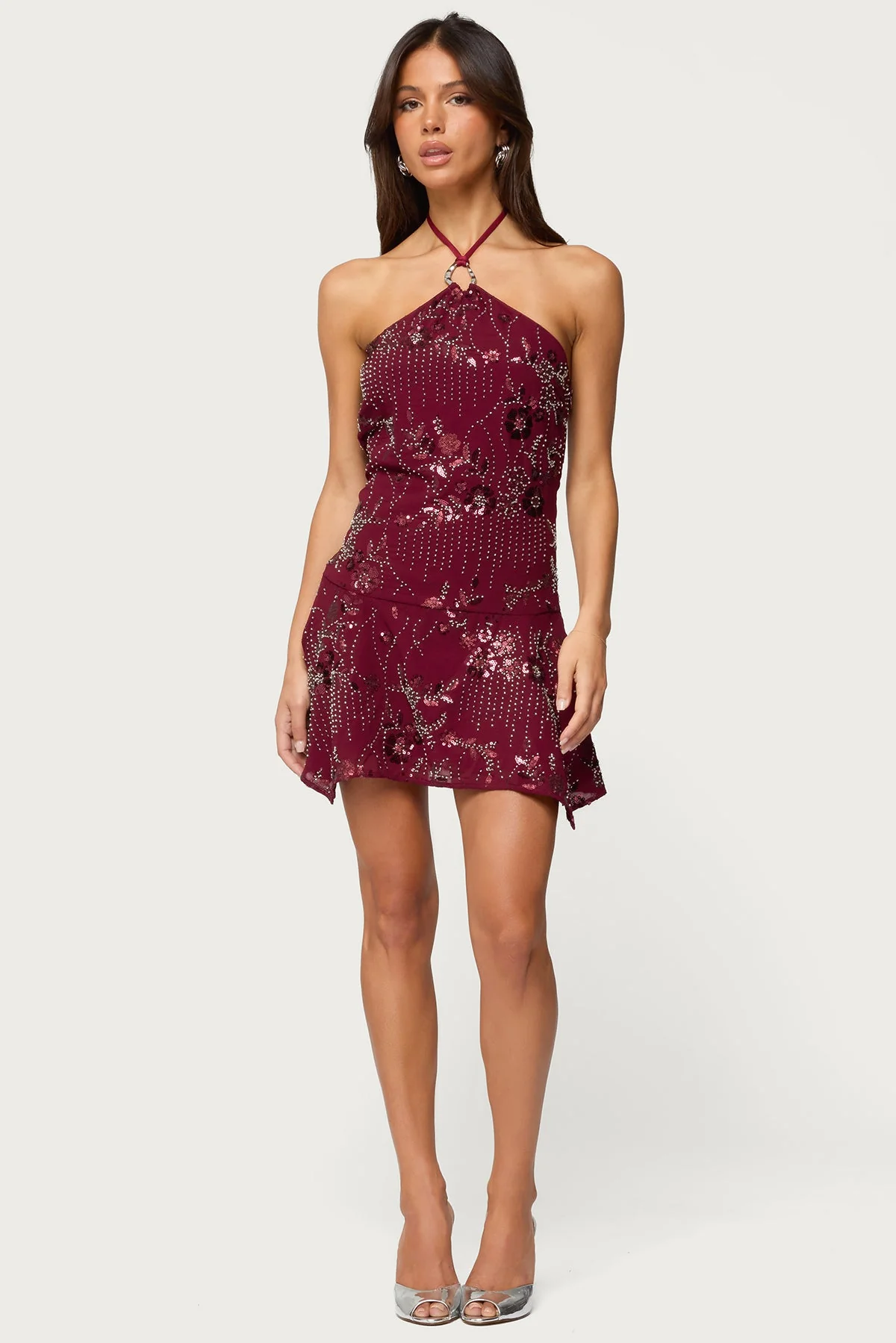 Beaded Sequin Halter Mini Dress in Burgundy XS-XL Sizes