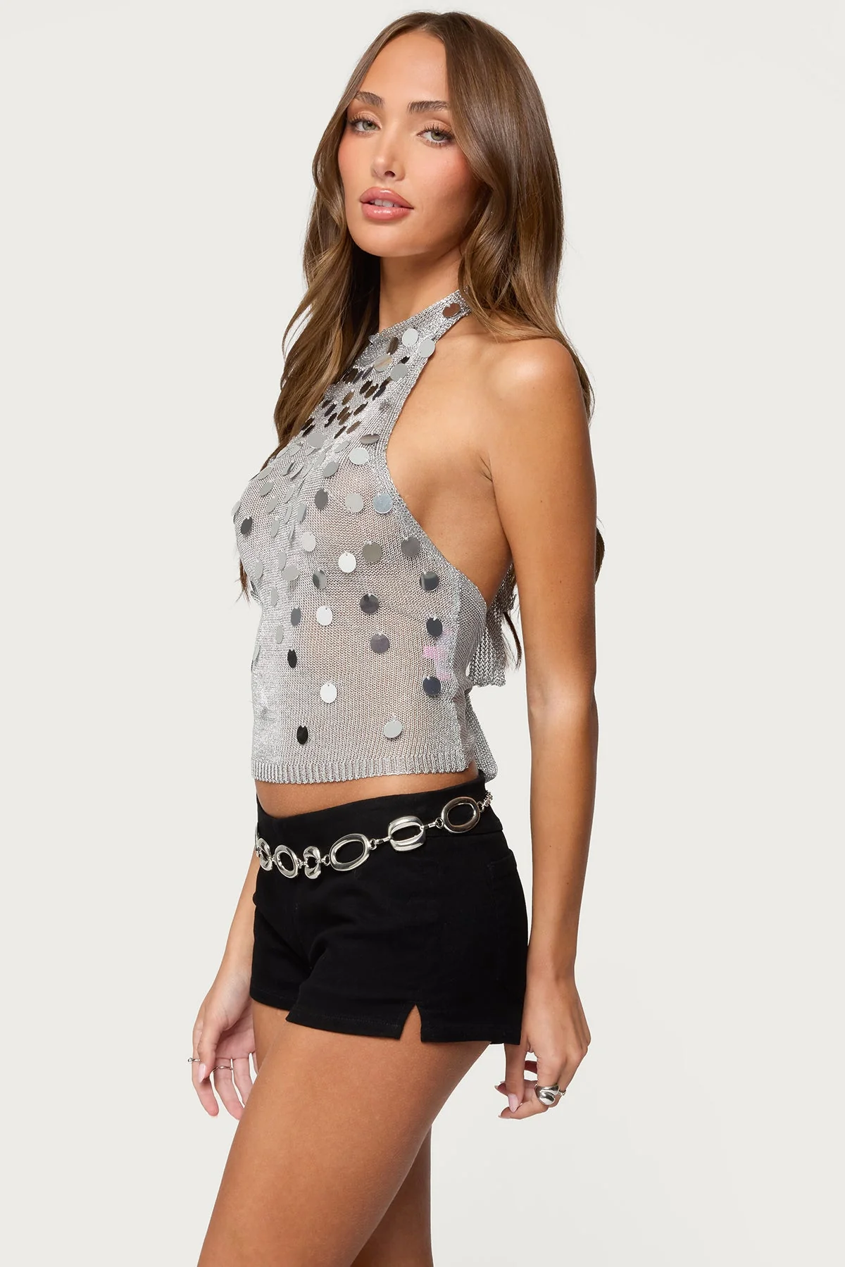 Sparkling Sequin Halter Top in Silver | Elegant Glamorous Blouse