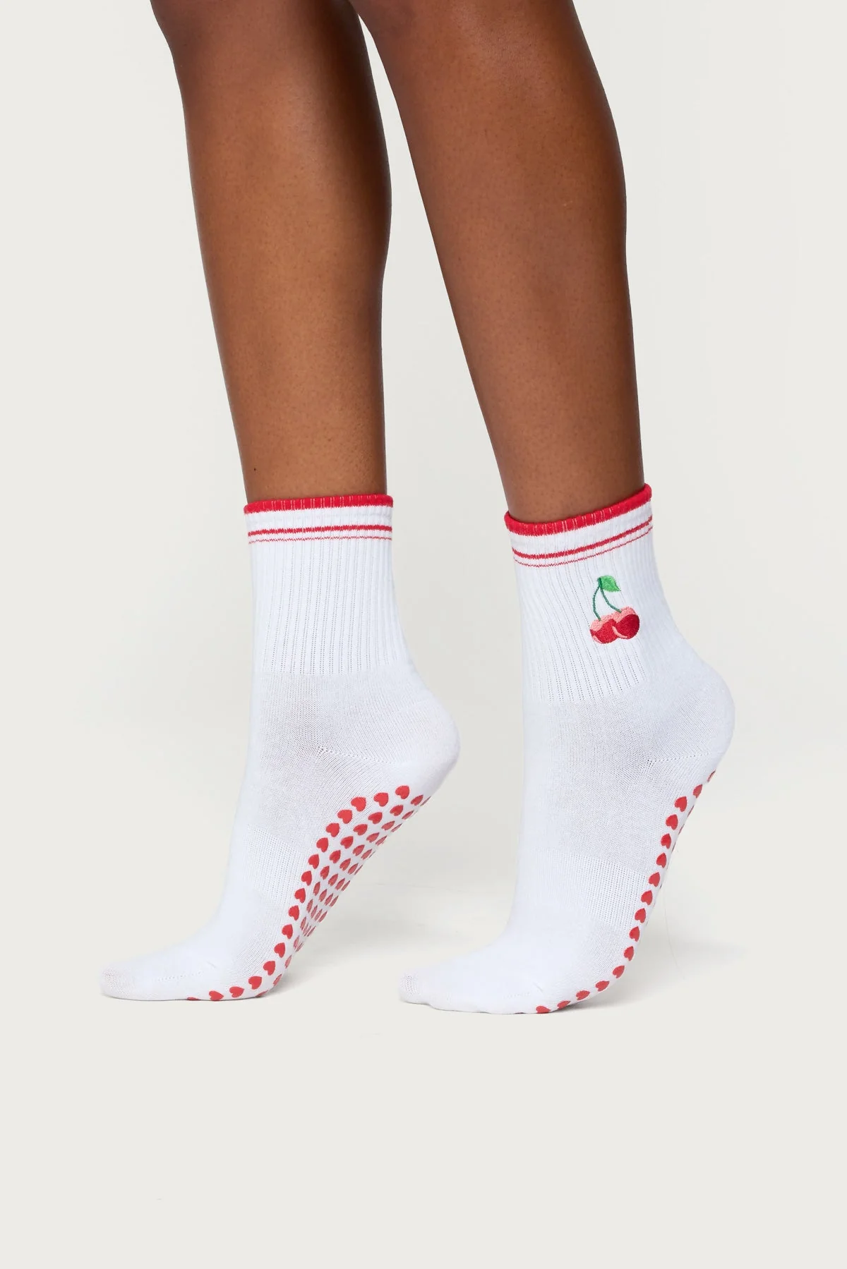 Cherry Embroidered Grip Socks - White Cotton Polyester Spandex