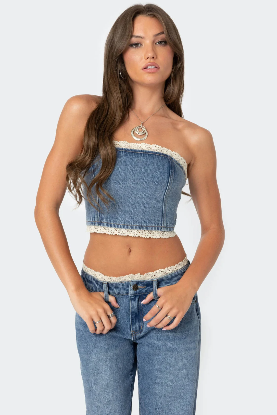 Denim Tube Top with Lace Trim - Stylish Karlie Design