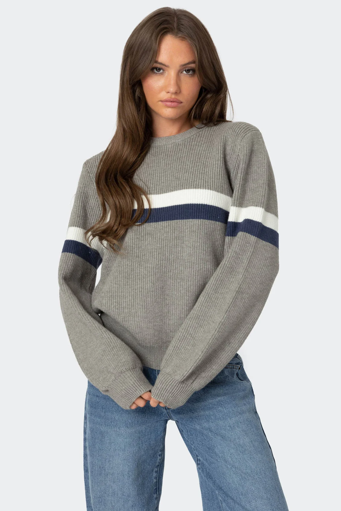 Gray Melange Striped Oversized Sweater