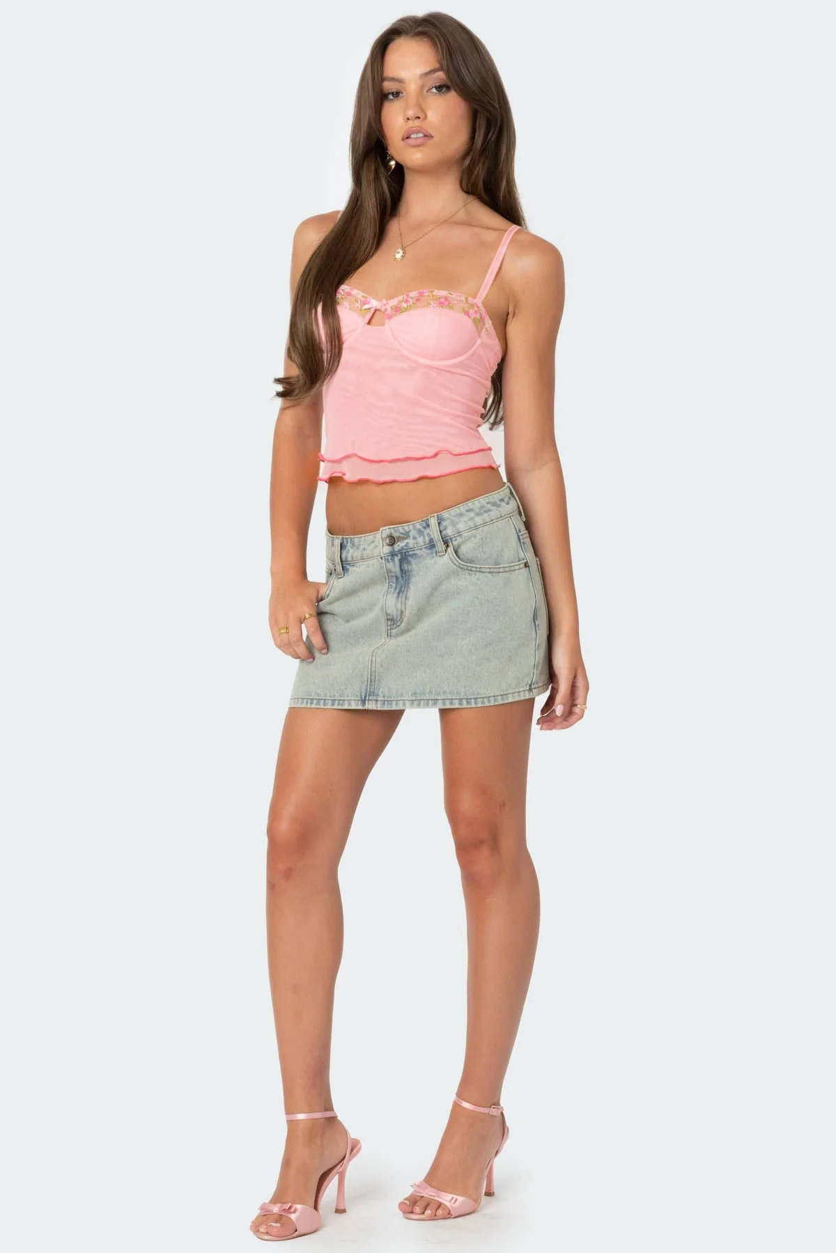 Pink Mesh Layered Frill Tank Top