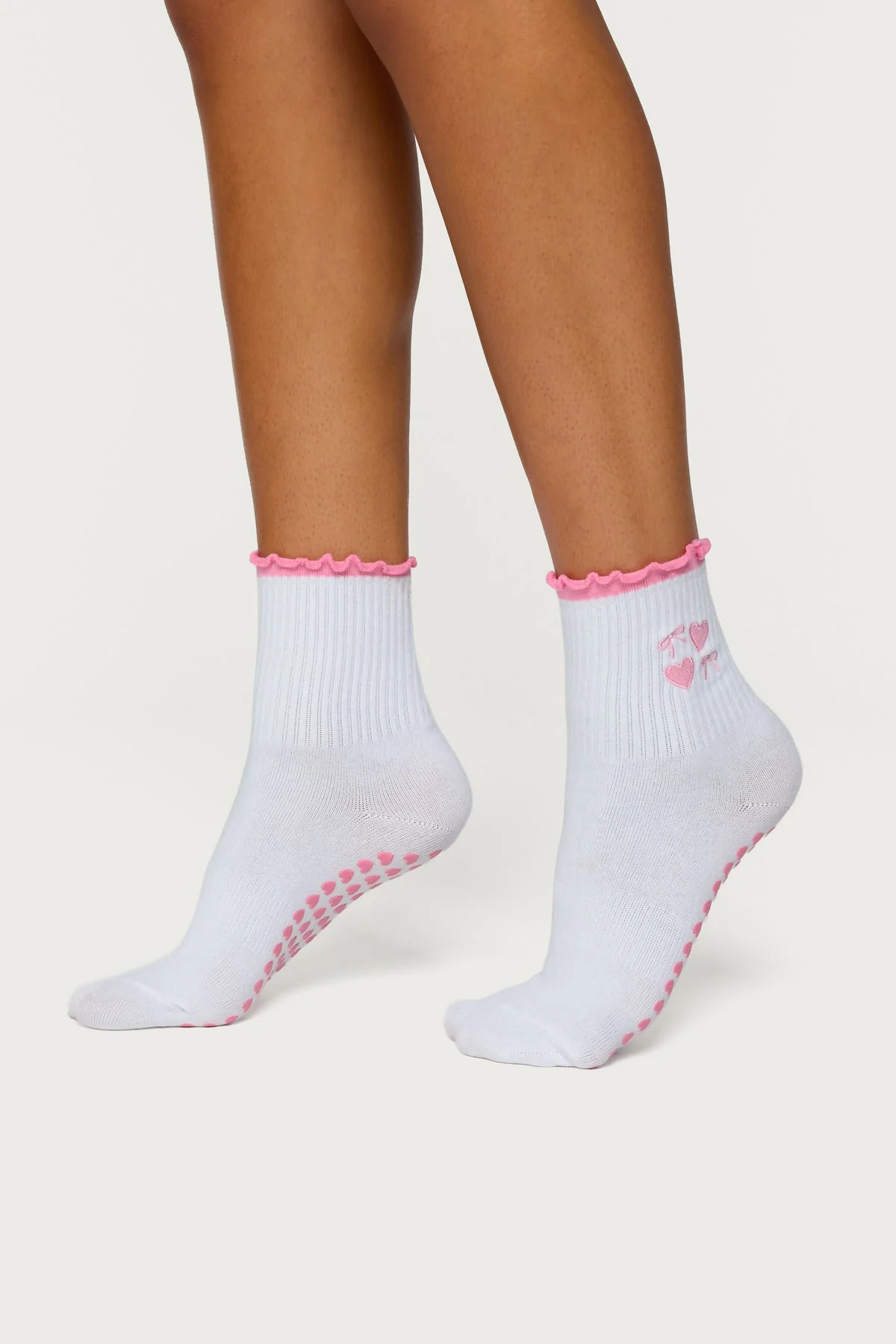 White Cotton Pilates Socks with Heart & Bow Detailing