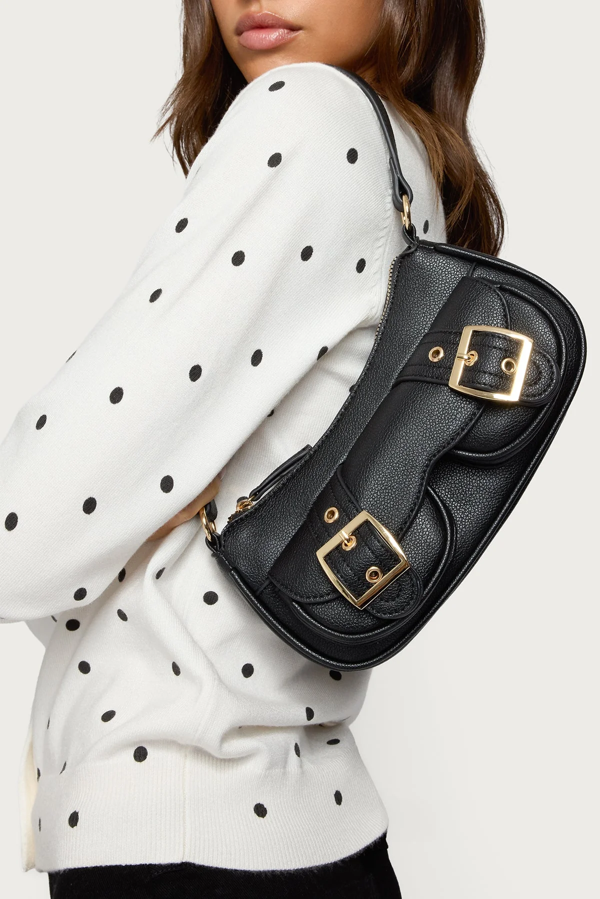 Black Faux Leather Buckle Shoulder Bag