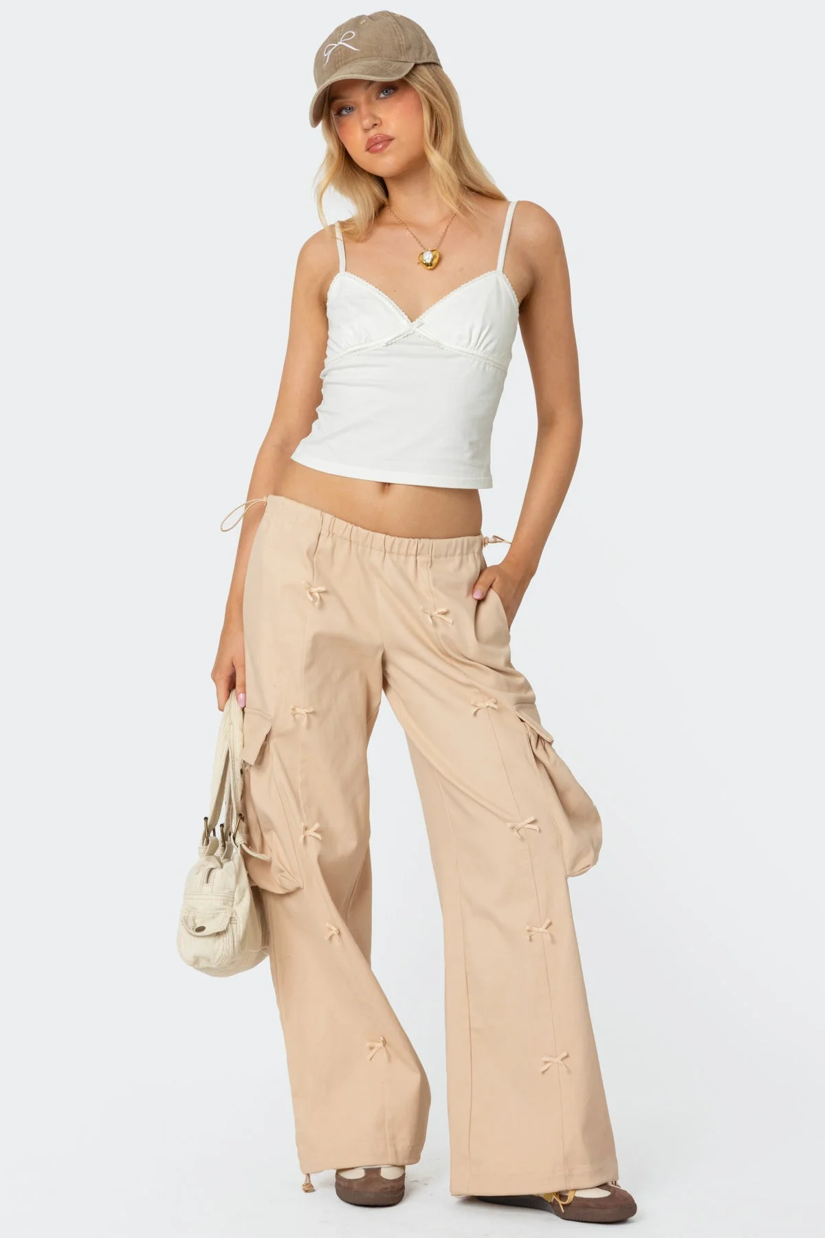 Cargo Parachute Pants with Bow Trim Details