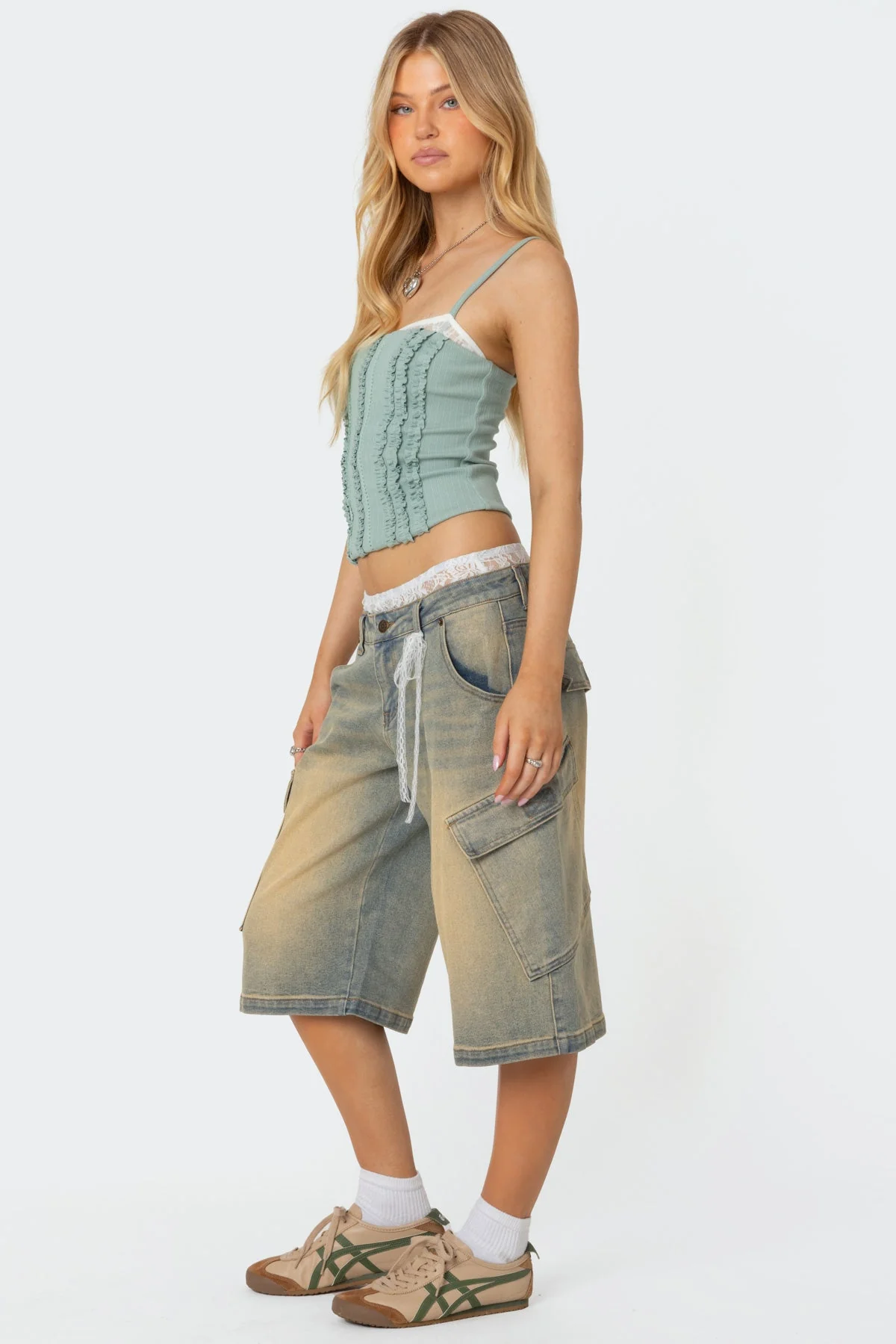 Ruffled Green Fabric Bra Top Women Adjustable Straps