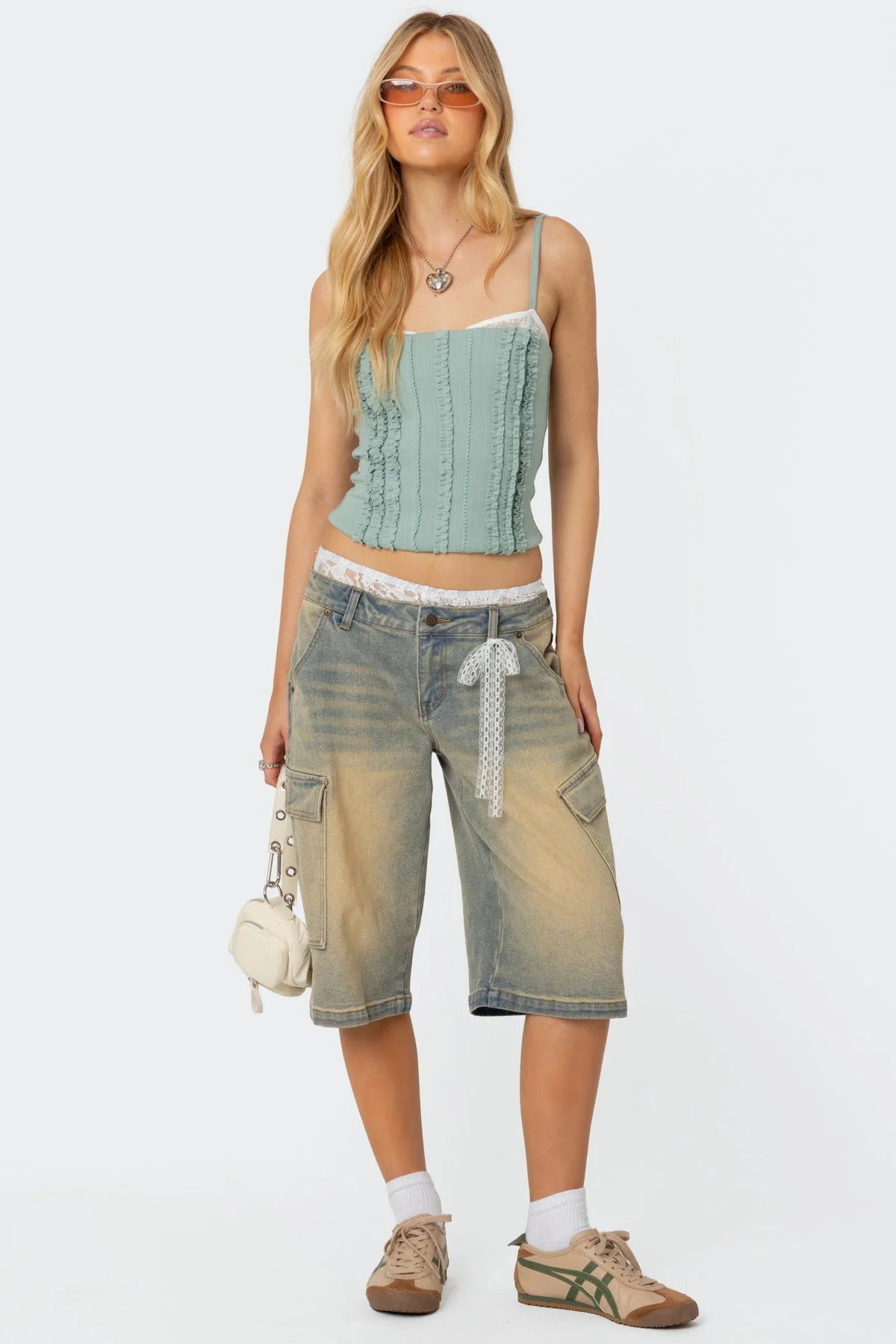 Ruffled Green Fabric Bra Top Women Adjustable Straps