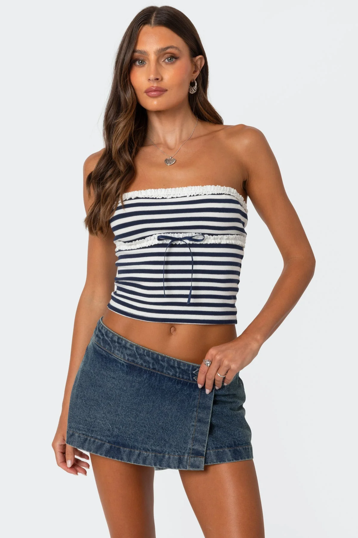 Navy Striped Eyelet Tube Top Ribbon Detail for Women